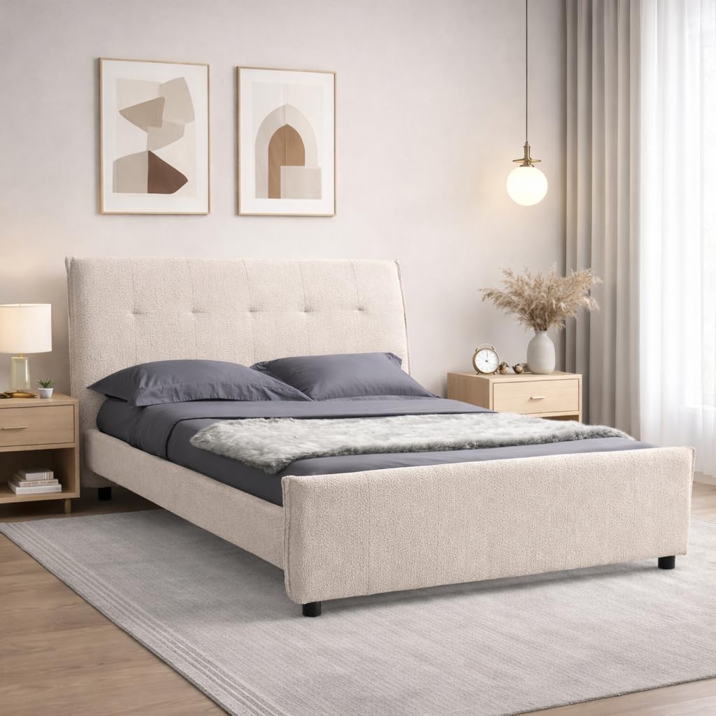 EVERGREENWEB - Letto Matrimoniale con Materasso Memory Foam + 2 Cuscini GRATIS, Rete a 26 Doghe in Legno 160x195 cm, Elegante Testiera Imbottita in Tessuto Morbido Beige, Struttura Rinforzata, DALLAS