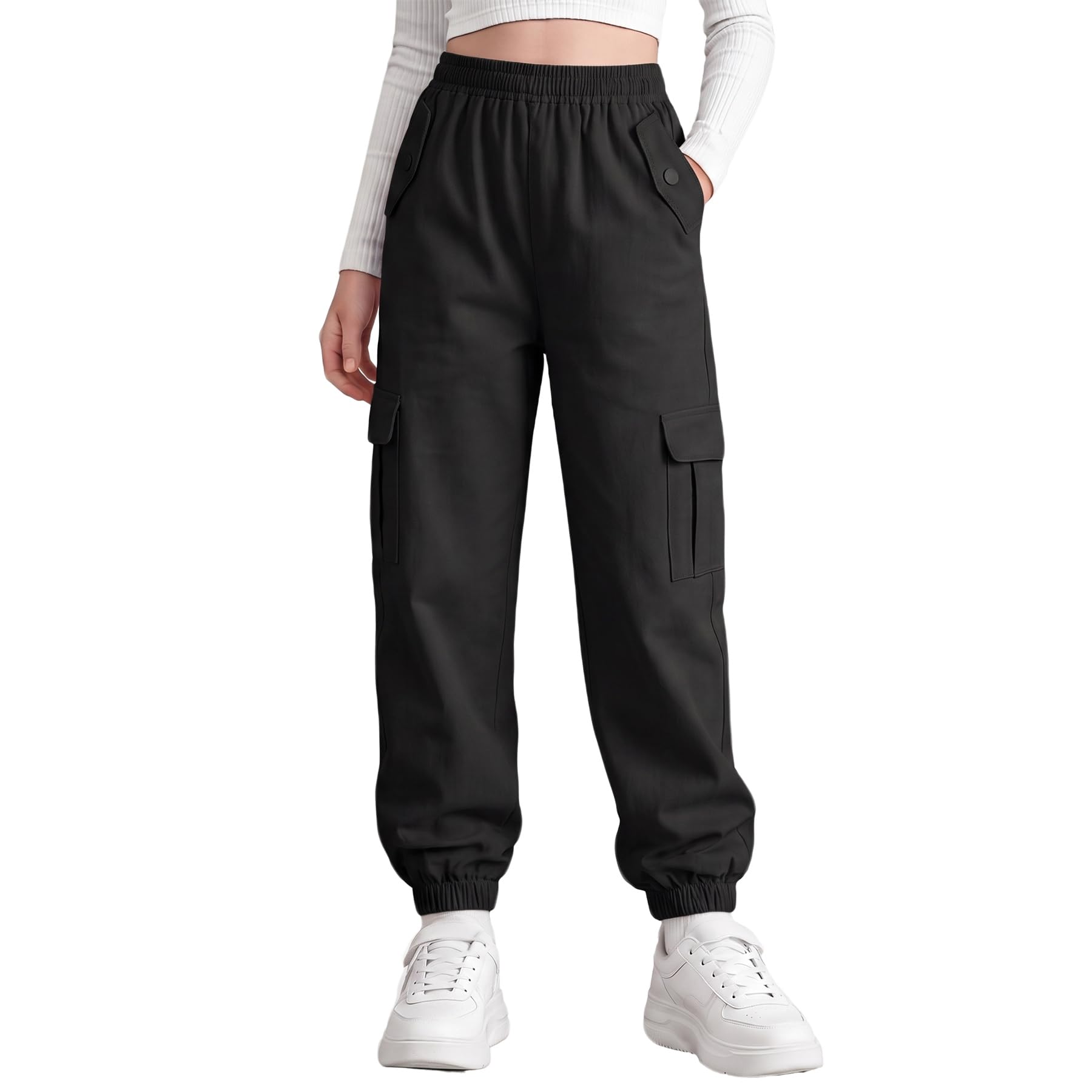Cargohose Mädchen Baumwolle Kinder Jogginghose Weich Atmungsaktiv Cargo Hose mit Elastischem Bund und Taschen Streetwear Sporthose Freizeithose für Frühling Herbst 6-13 Jahre, Gr.116-158
