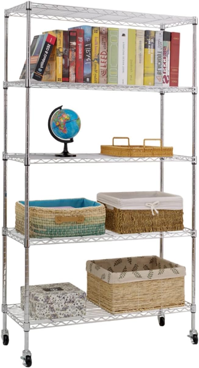 KARAT Étagère étroite sur roulettes en métal - Maya - avec 5 étagères, Chariot pour Cuisine, Salle de Bains, débarras jusqu'à 120kg, avec Frein de Blocage - 89x34x150 cm (Chromé)