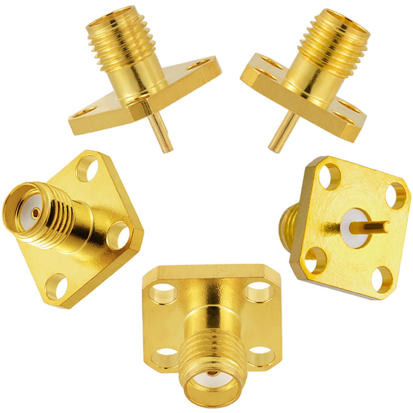 POBADY 5PCS SMA Female 4 Hole Panel Mount RF Coax Connector 50 Ohm SMA Female Flange Chassis Mount Solder Connector Gold Plating Adapter for Radio Antenna Coaxial Cable