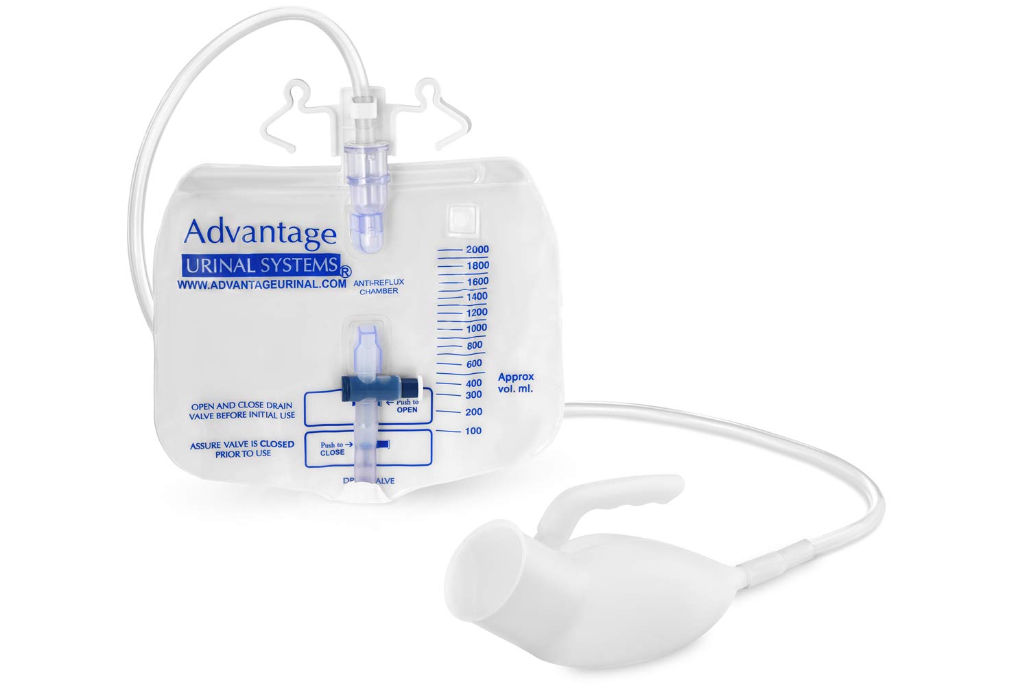 Re-useable Portable Standard Male Advantage Urinal System with Down Drain Bag Making It Spill Proof