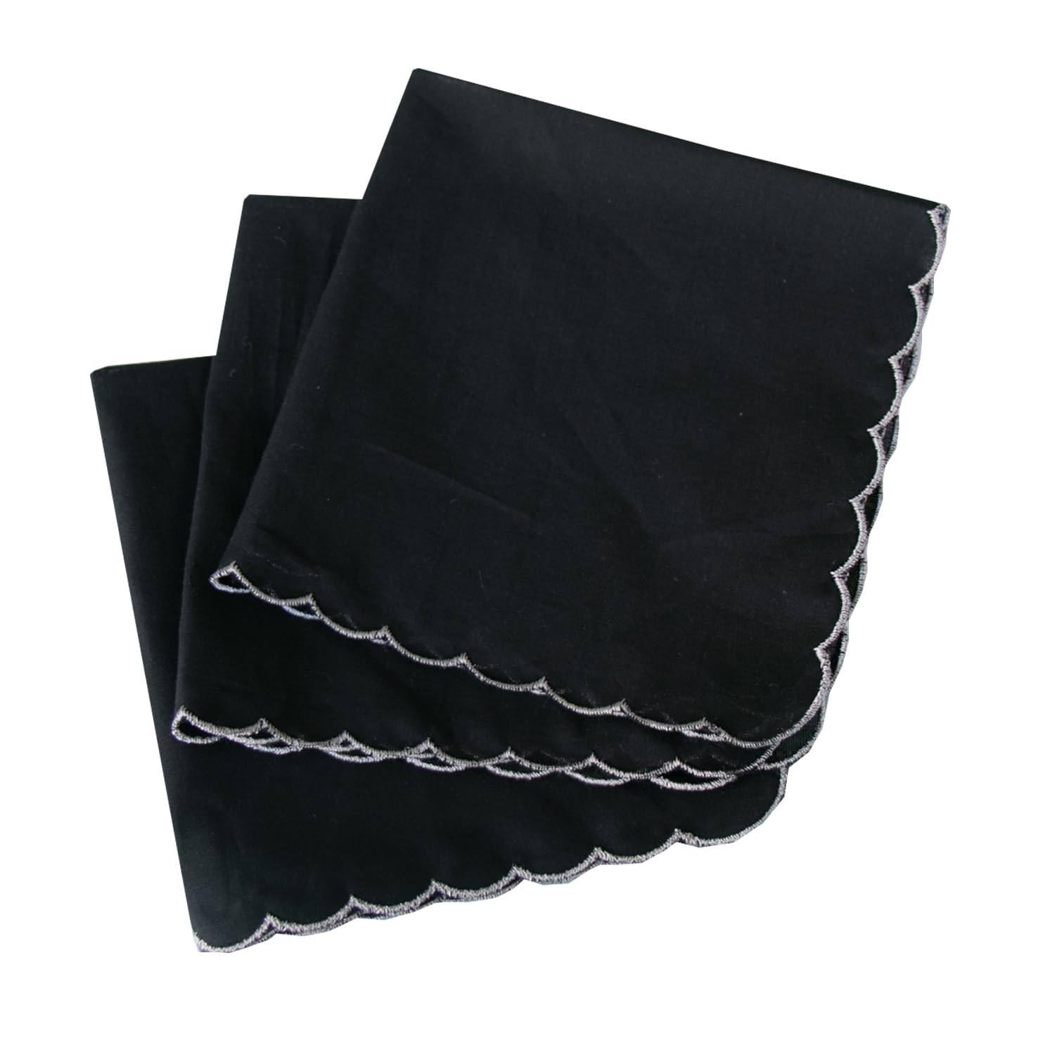 Mzliu Men's Black Wo Handkerchiefs Cotton Hankies With Embroidered Scalloped Edge 3 Pcs, 3 Pieces