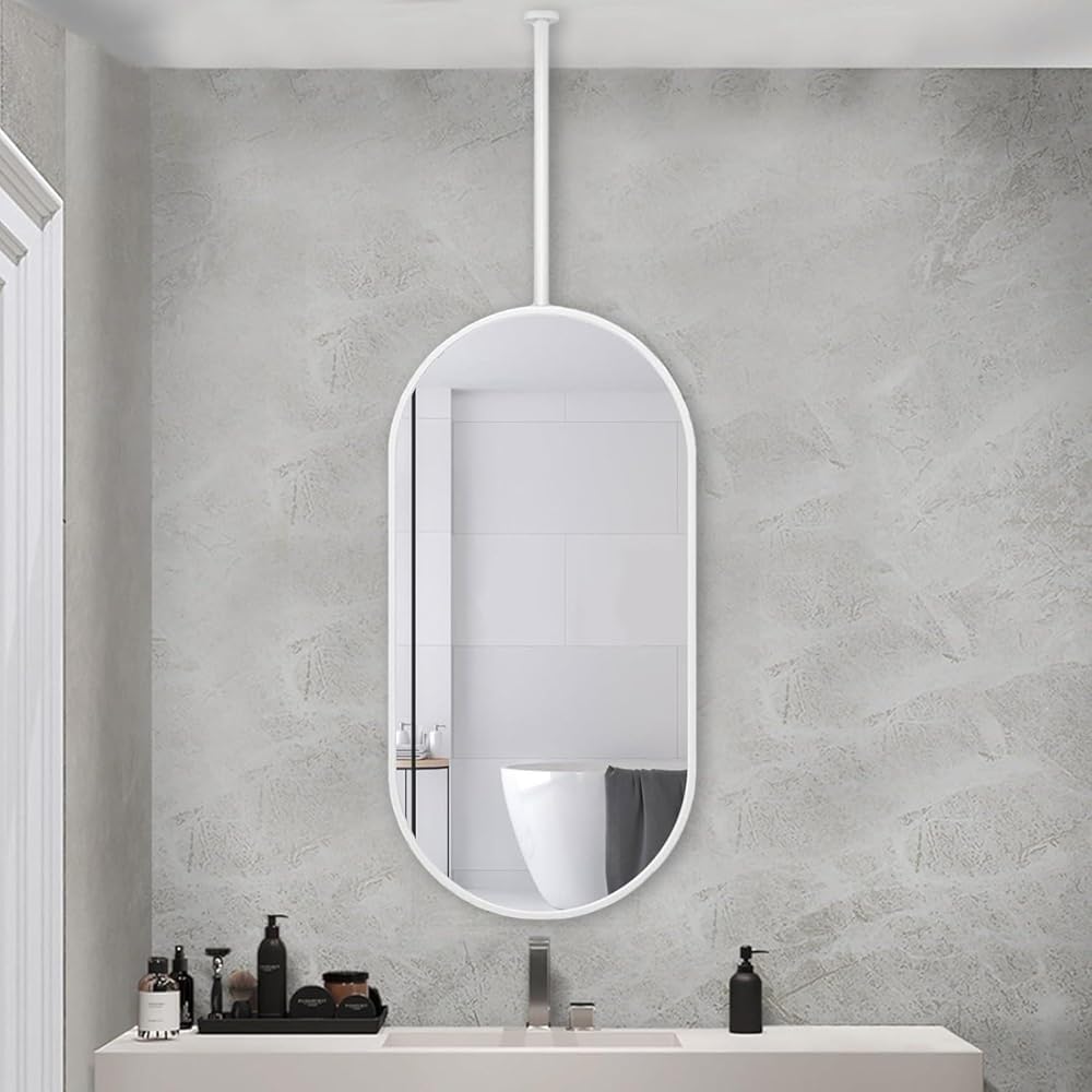 Chic - Espejo de pared ovalado moderno de metal con barra ajustable para decoración de baño, dormitorio y hotel, 60 x 40 cm, pieza decorativa blanca para el hogar