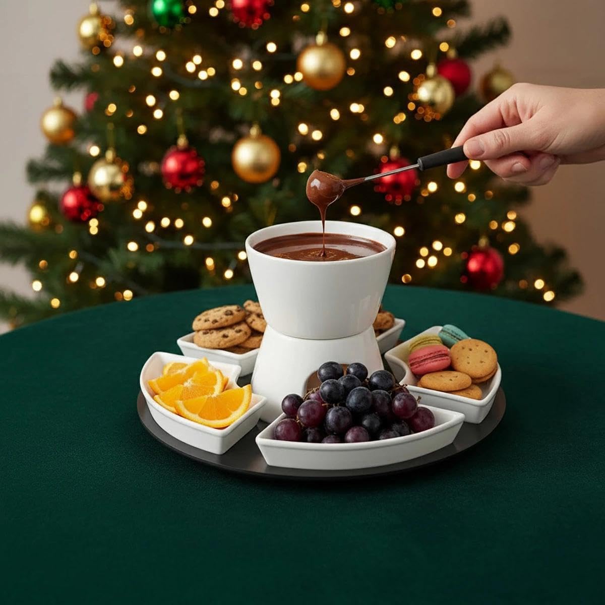 Set di Fonduta di Cioccolato in Ceramica 300 ml, 4 Piatti e 4 Forchette, Bianco