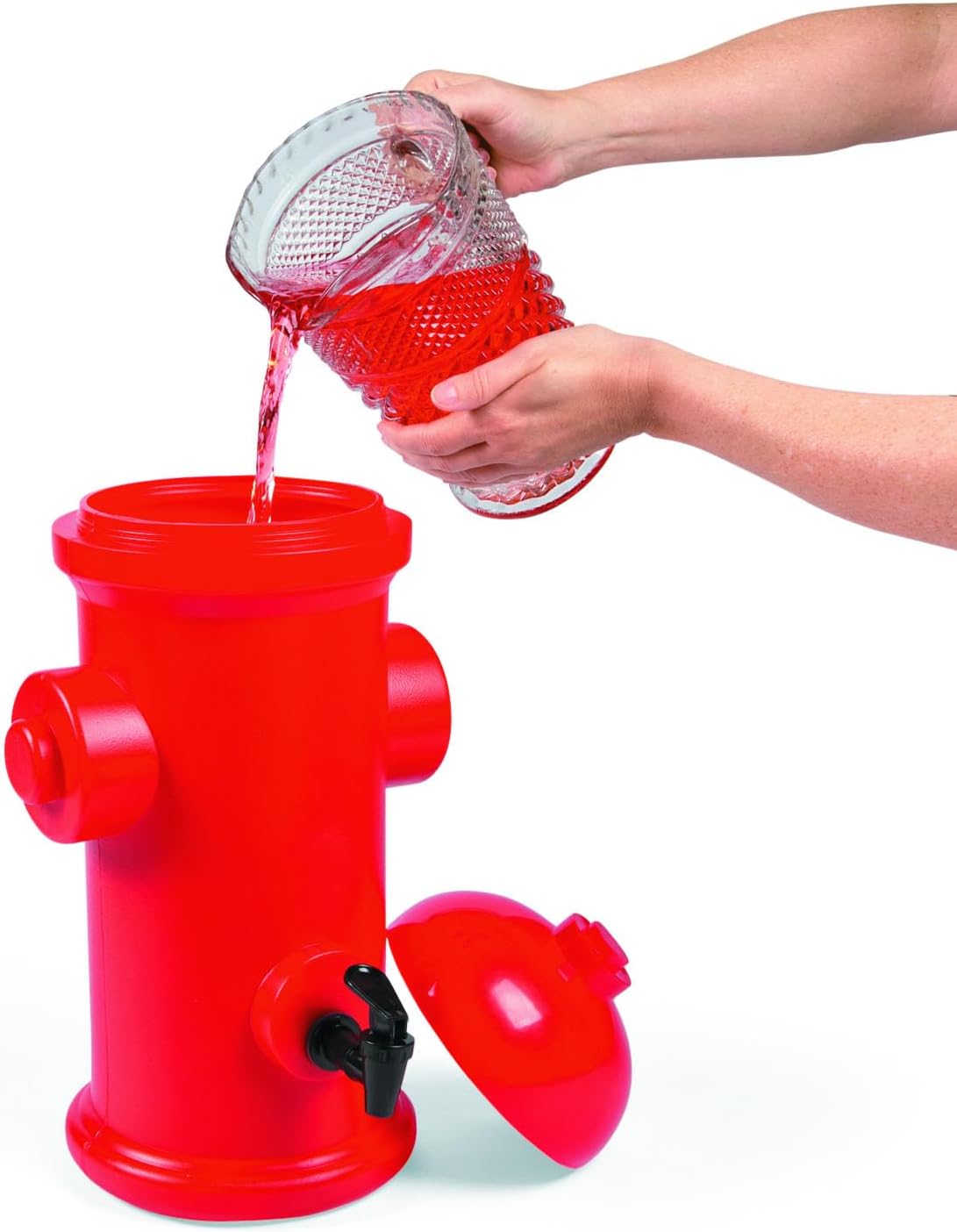 Fun Express Fire Hydrant Plastic Drink Dispenser 1.75 Gallon - Red Firefighter Party Decorations Beverage Container for Fire Truck Birthday Parties, School Events & Fundraisers | 17" Tall Design