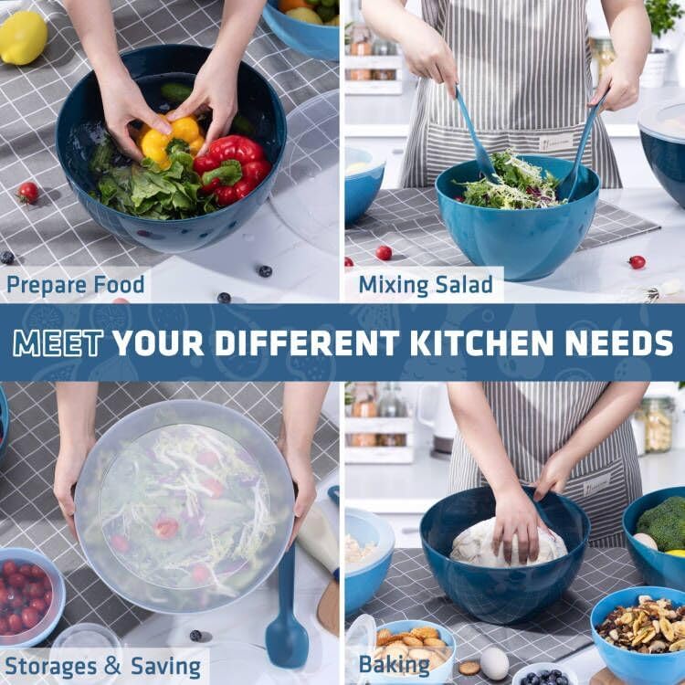 Luxear Nesting Mixing Bowls with Lid Set of 6, 0.2-6.5L Plastic Stackable Large Bowl with Fork or Spoon for Cooking, Storage, Baking, Fruit, Salads, Microwave, Dishwasher and Freezer, BPA-Free
