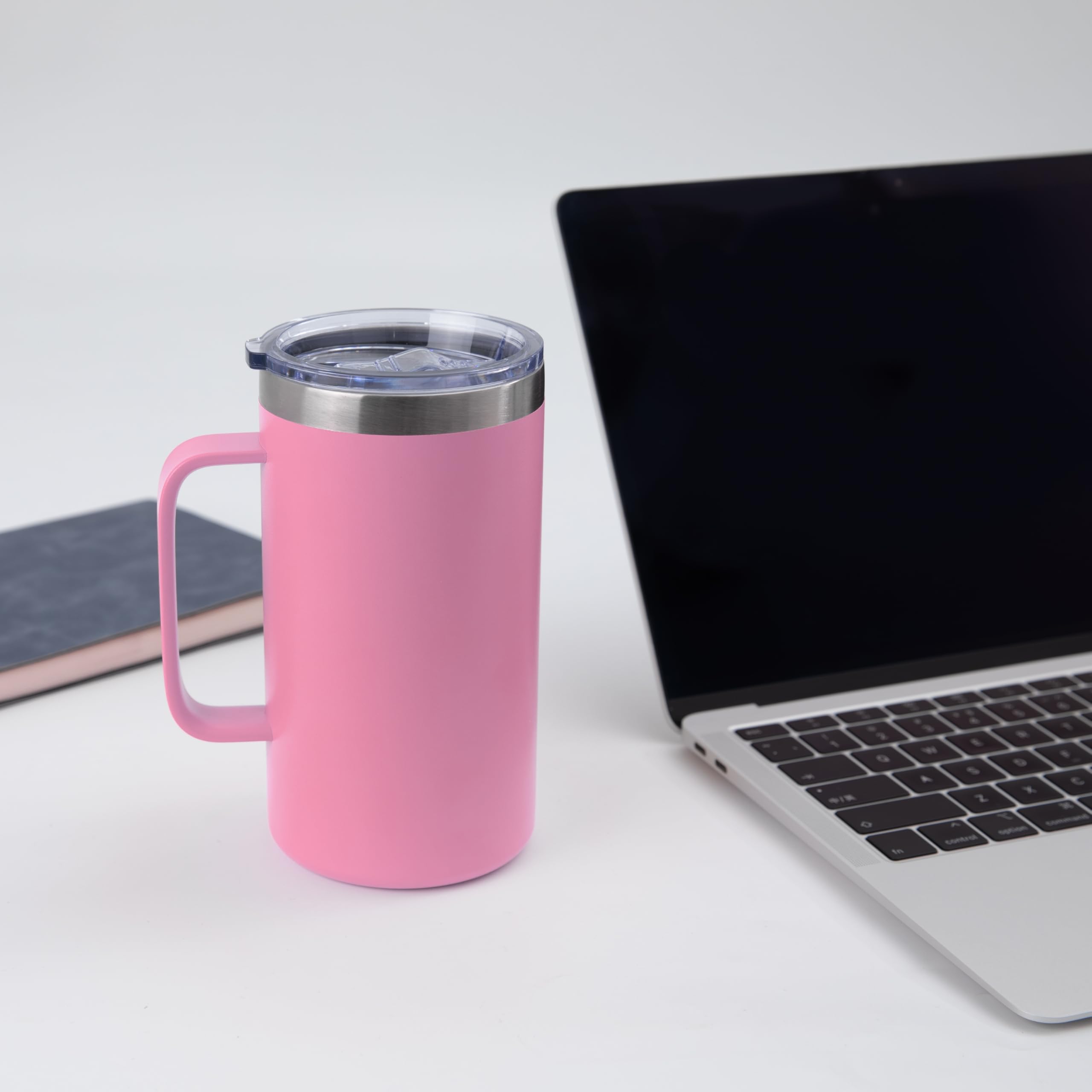 DOMICARE Taza de café de acero inoxidable de 24 onzas con asa y tapa, taza de viaje con asa, vaso de café al vacío de doble pared, taza aislada reutilizable, rosa, paquete de 8