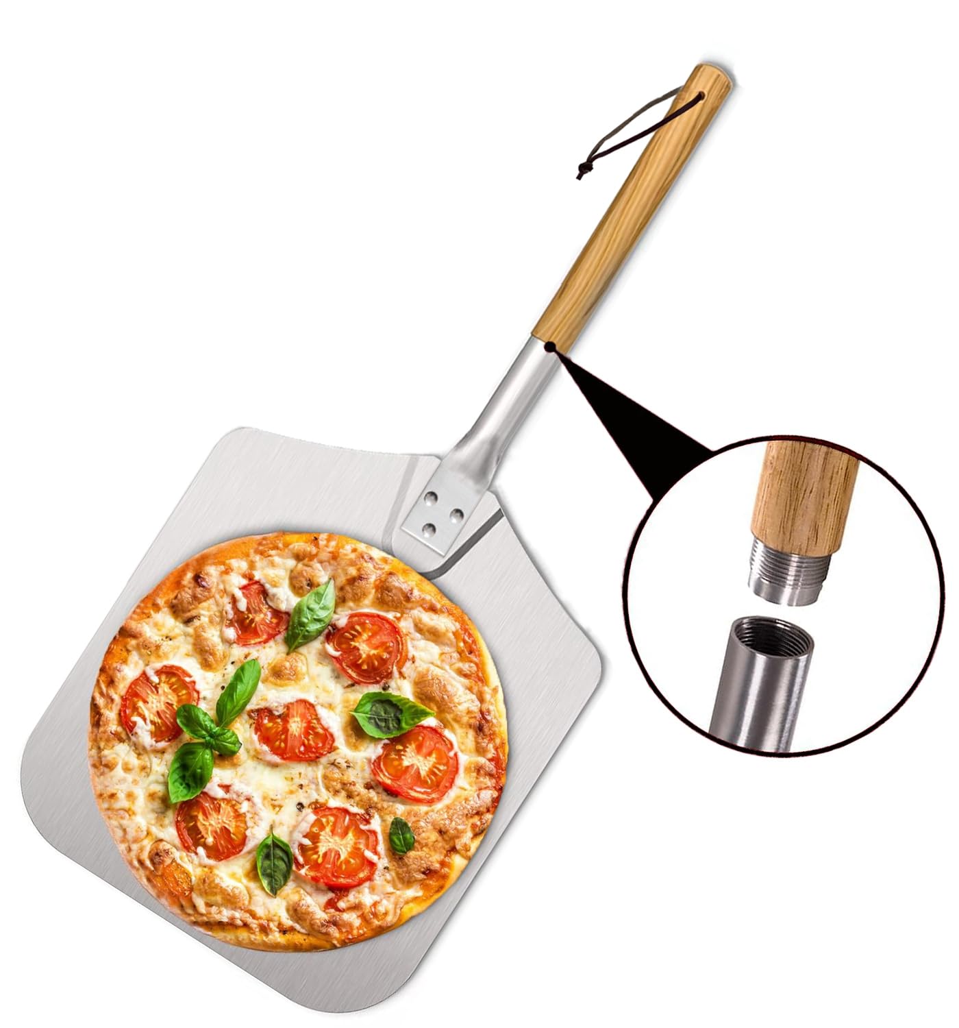 Pala para Pizza 12 inch Espatula Pizza con Superficie Grande 31 cm x 33 cm - Longitud Completa 68cm, Aluminio Anodizado Duradero y Manija en Madera Maciza Natural, Mango Extraíble