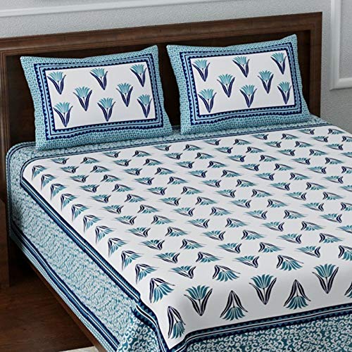 Image of LIVING ROOTS Ethnic Rajasthani /Jaipuri /Sanganeri Block Print 100% Cotton Super King Size 100 * 108 Bedsheet with 2 Pillow Covers (43A)