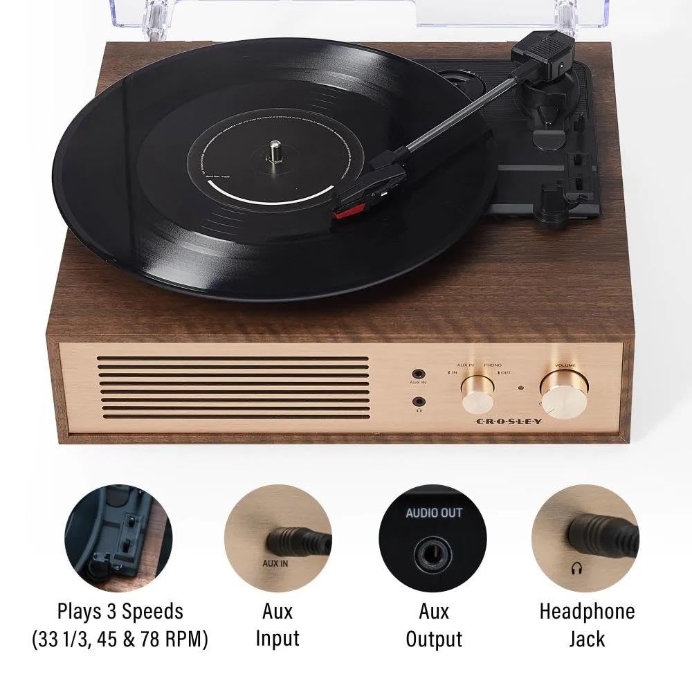 Crosley Miles 3-Gang-Plattenspieler mit Bluetooth EIN- und Ausgang, integrierten Lautsprechern, Walnuss