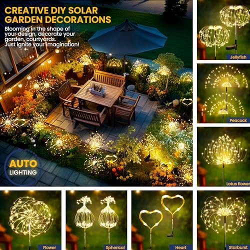 GIGALUMI 2 Pack Solar Firework Lights Outdoor, Garden Decor, Warm White