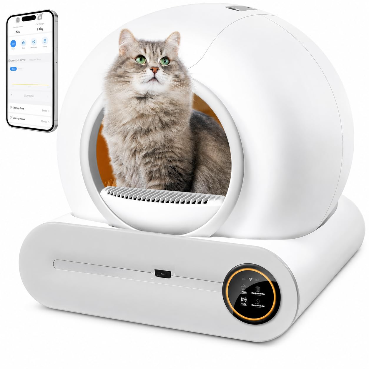PGD​​SGA Arenero Automático para Gatos Autolimpiable con App, 65+9L, Desodorización por Iones Negativos, Control Inteligente de Seguridad, Incluye 5 Rollos de Bolsas, Ideal para Varios Gatos