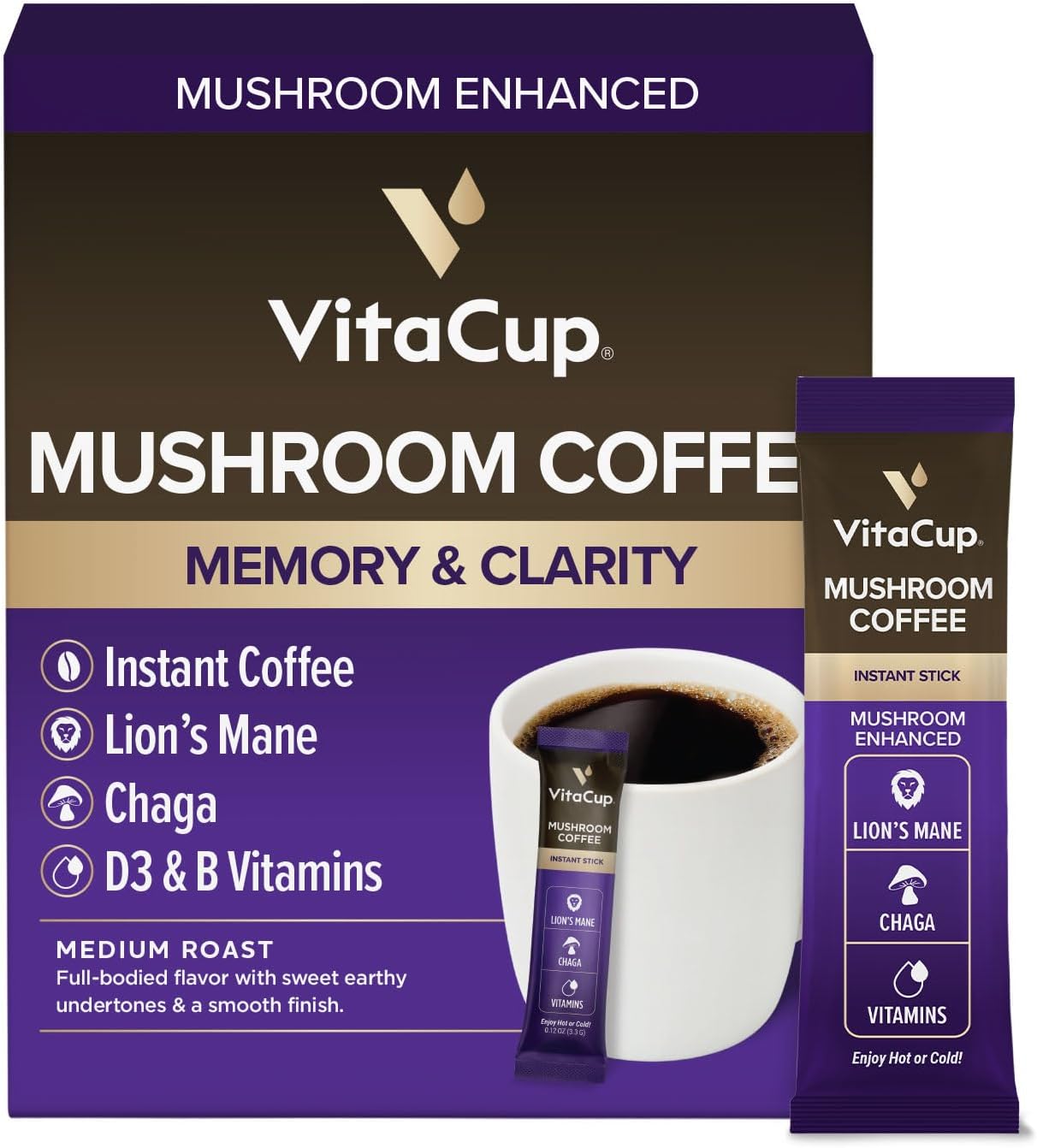 VitaCup Mushroom Coffee Instant Packets, for Memory & Clarity Support, w/Fiber, Chaga, Lion’s Mane, D3, B Vitamins, Medium Roast, 100% Arabica & Robusta Coffee in Single Serve Sticks, 24 Ct