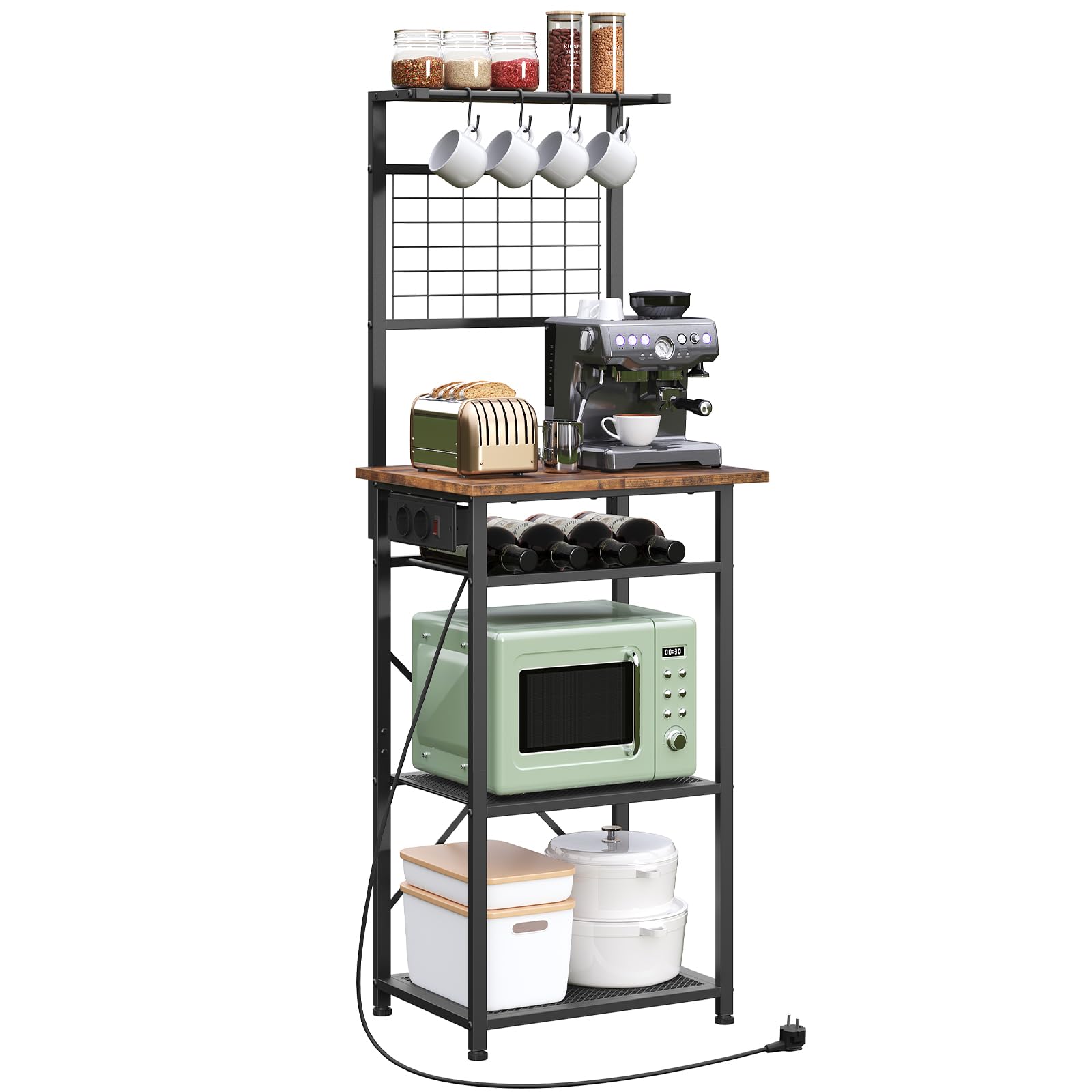 MAHANCRIS Scaffale da Cucina con Presa di Corrente, Supporto per Microonde, Stazione Bar per il Caffè, con Portabottiglie e Ganci, 2 Prese e 1 Interruttore, Marrone Vintage e Nero ABRHR23UE01