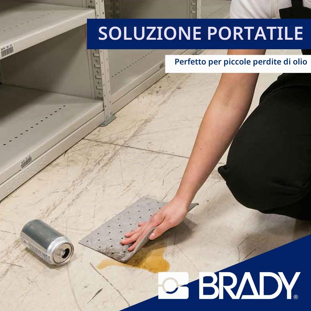 SPC® by Brady Kit Anti-Inquinamento per Oli – Kit Assorbente per Sversamenti di Oli e Liquidi a Base di Petrolio, Include 10 Panni Assorbenti per Olio, 2 Calze, Guanti e Sacco per Smaltimento