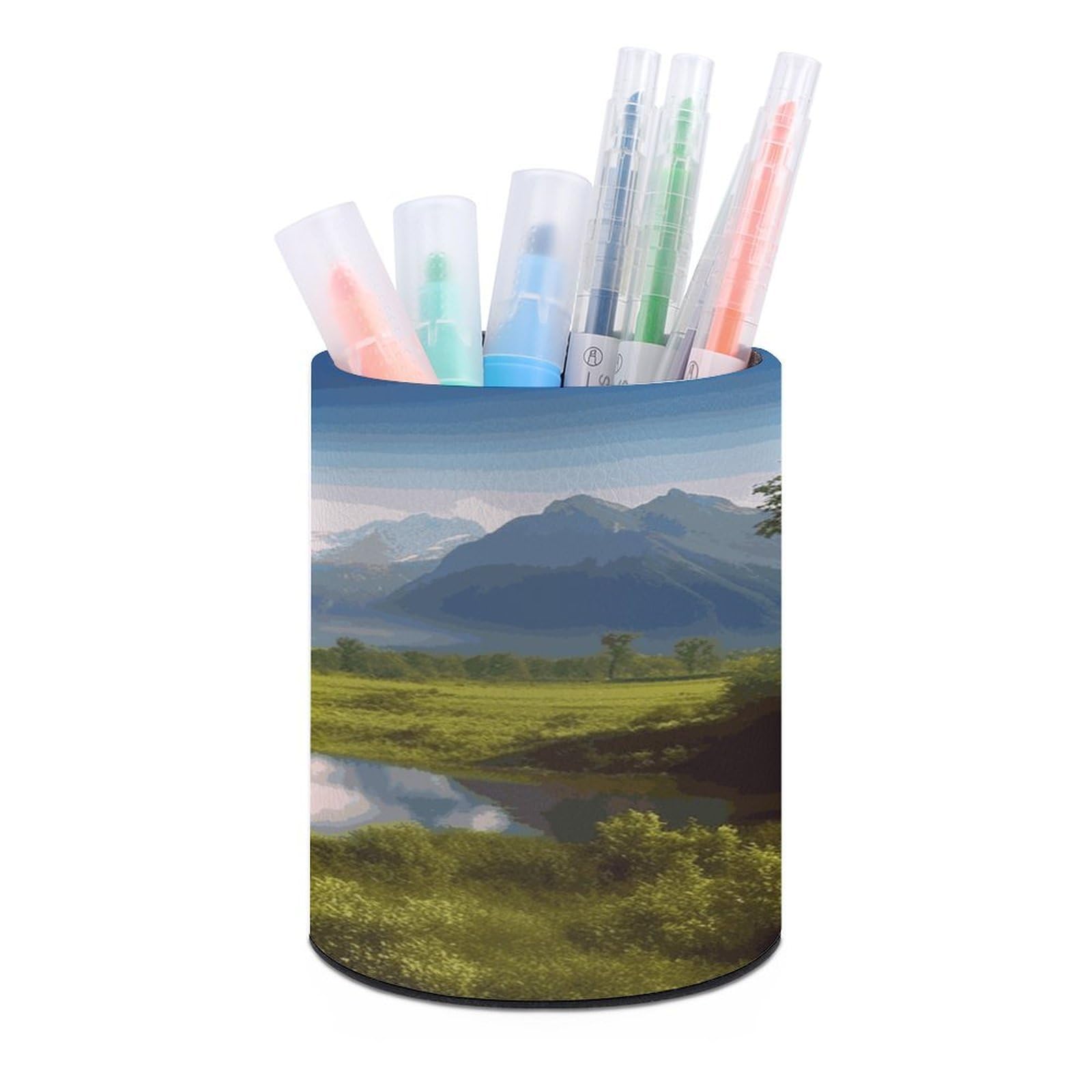 MUSM Beautiful Scenery Pen Holder Round PU Leather Pencil Cup Waterproof Pencil Holder for Desk Pen Cup Pen Organizer Pencil Organizer Makeup Brush Holders for Home Office Decor