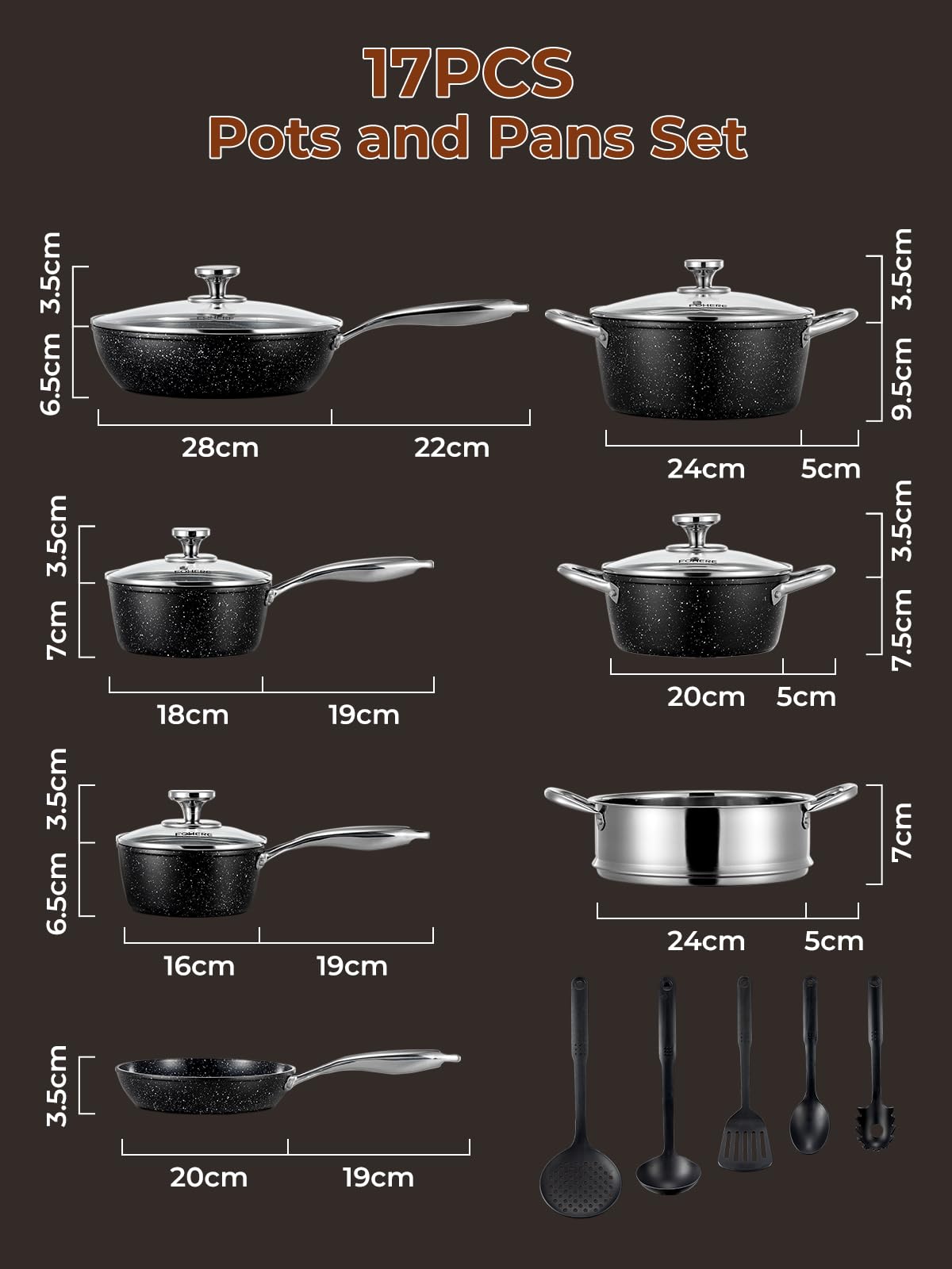 Zestaw garnków i patelni FOHERE z powłoką nieprzywierającą i pokrywkami, 17 szt., aluminiowe, indukcyjne, ceramiczne zestawy naczyń kuchennych z patelniami, rondlami i garnkiem, czarny