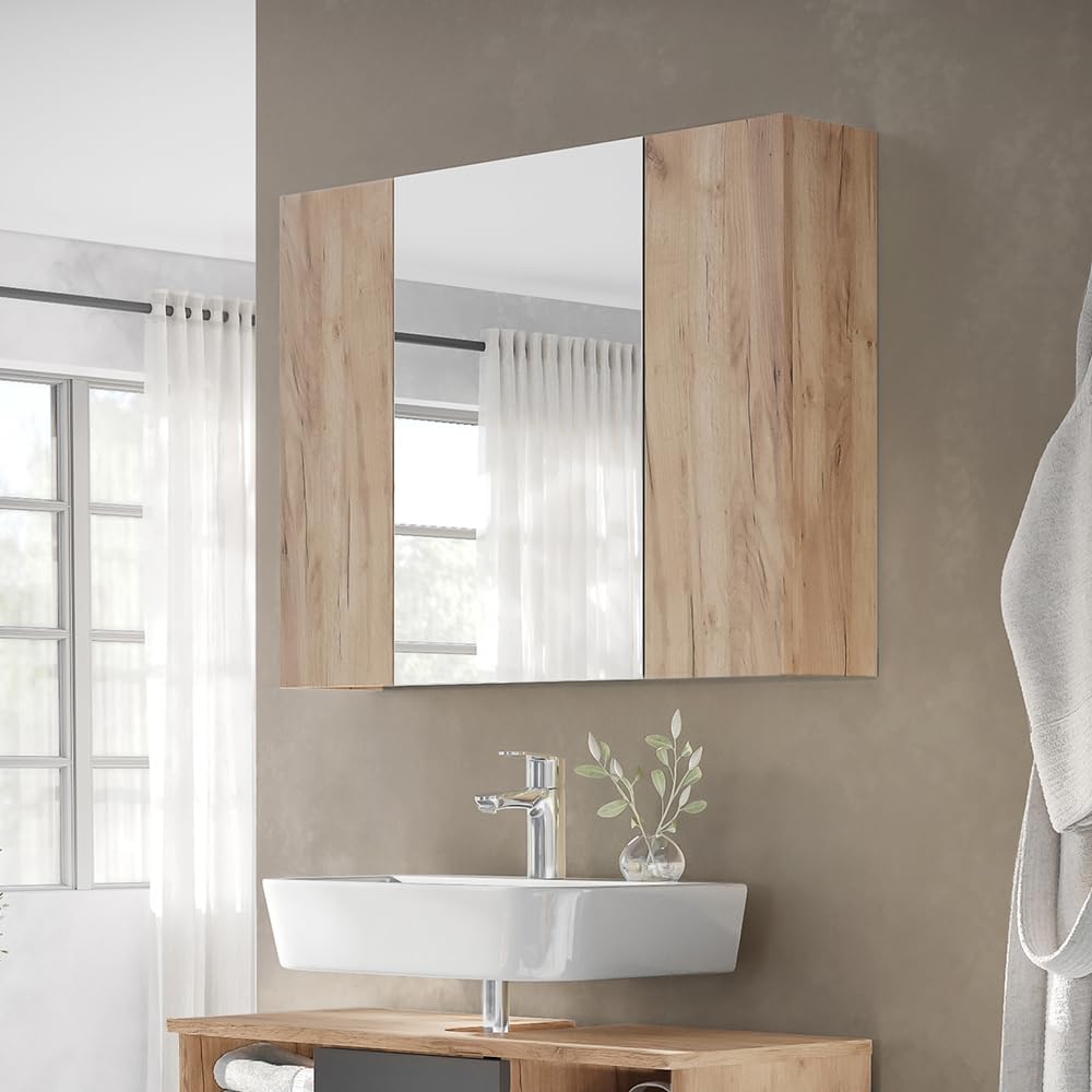 Vicco Specchio contenitore bagno Leopold, Rovere dorato, 80 x 59.2 cm con ripiani, che trova posto in ogni bagno