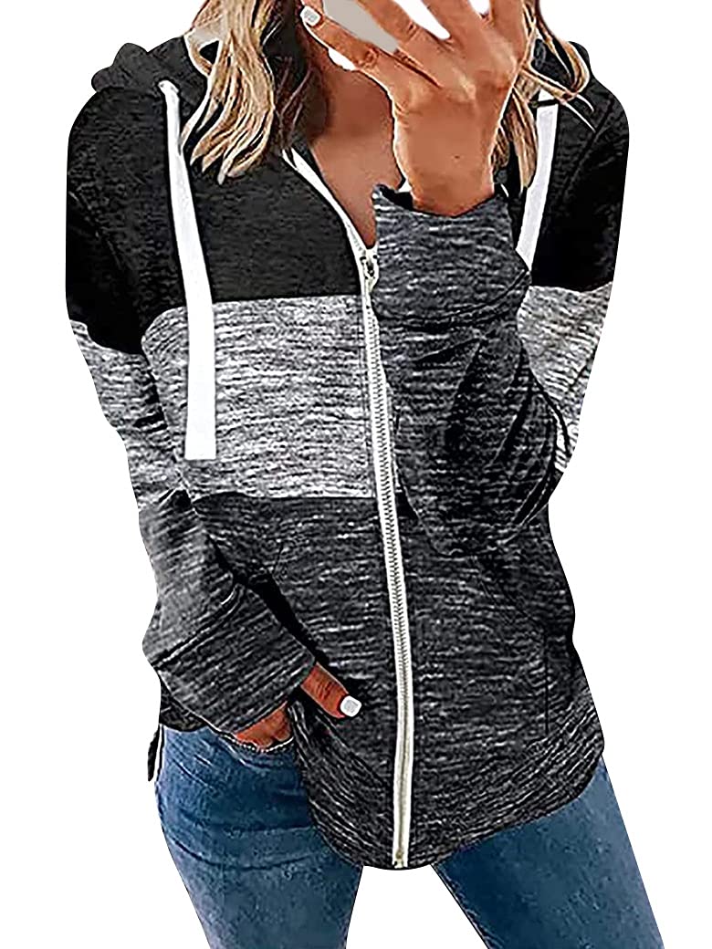 StarVnc Women Color Block Hoodies Long Sleeve Zip Up Drawstring Pullover Sweatshirts
