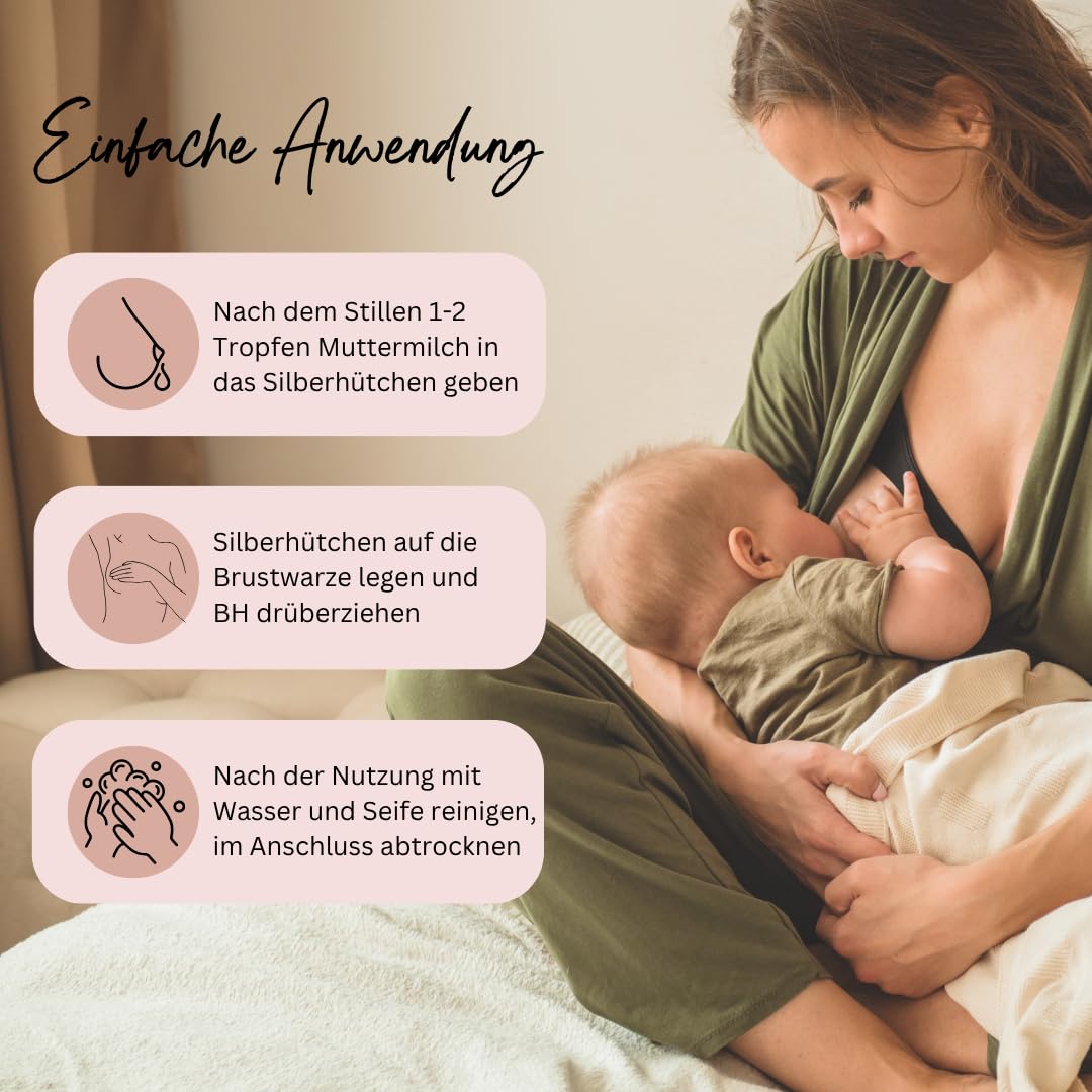 Mom for Moms Silberhütchen 999er Silber/natürliche Wundheilung der Brustwarzen/für ein angenehmes Stillen und Wochenbett/mehr Platz und Schutz der Brustwarzen/Stillzubehör 2 Stk (L/XL)