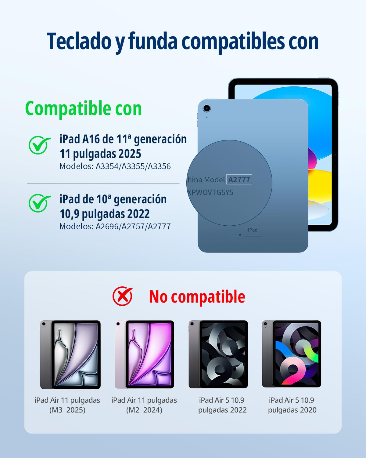 CACOE Funda con Teclado para iPad 11.ª Gen (A16) / 10.ª Generación (11/10.9 Pulgadas) 2025/2022, con Touchpad, Iluminación de 7 Colores, Magnético Desmontable Bluetooth, Azul Océano