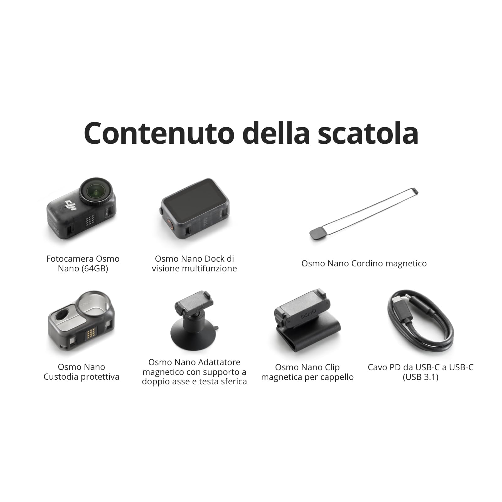 DJI Osmo Nano Bundle Standard (64 GB) – Mini videocamera vlog compatta 4K/60 fps con sensore da 1/1,3", video con ampio FOV di 143°, Registrazione di 200 minuti, Fotocamera magnetica POV 4K per Vlog