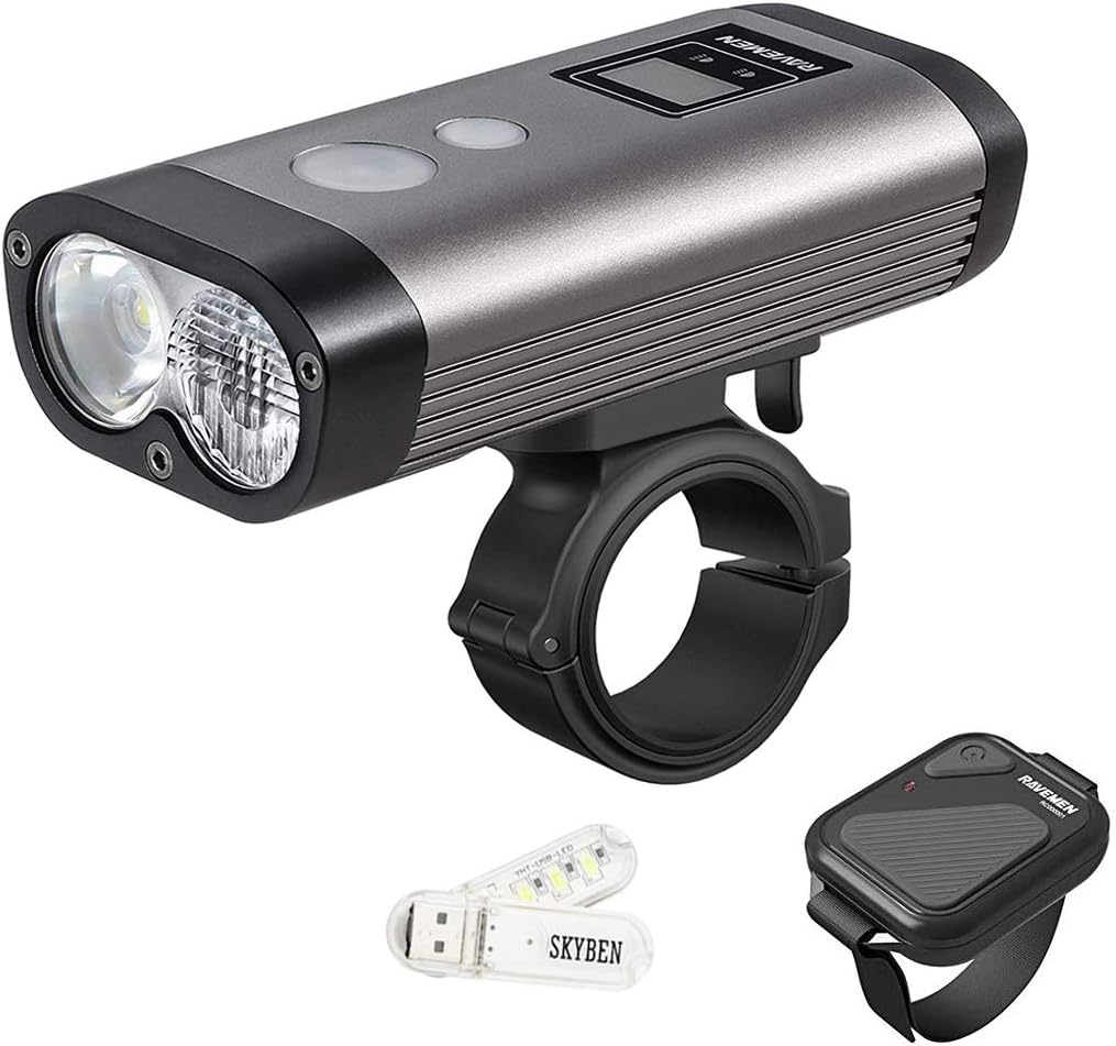 Ravemen PR1600 Bicycle Headlight 2 x CREE XM-L2 Max 1600 Lumens Rechargeable Bike Front Light Waterproof Cycle Headlight, Quick Release with Wireless Switch and SKYBEN USB Light