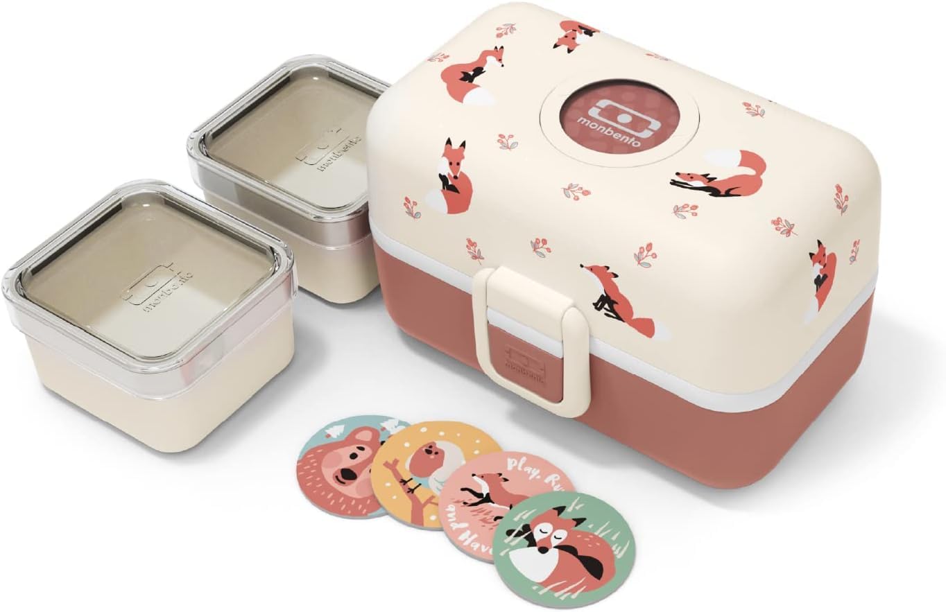 MONBENTO - Kids Lunch Box MB Tresor Fox - Cute Bento Box z 3 przegródkami - idealny na lunch lub przekąski w szkole/parku - BPA Free - Food Grade Safe - Różowy Cynamon