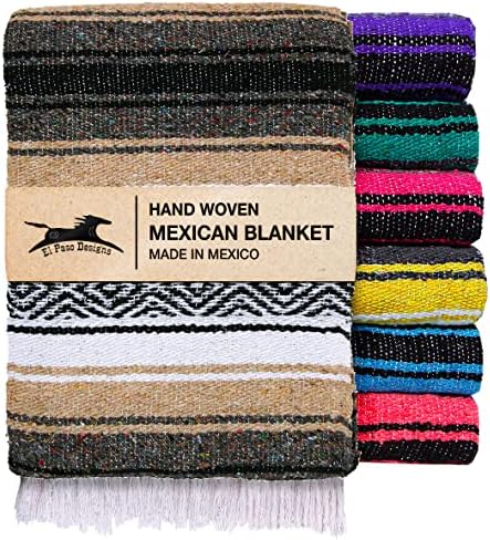 El Paso Designs Mexican Yoga Blanket – Colorful Falsa Serape Throw for Yoga, Beach, Picnic, Saddle, or Home Décor – Soft Woven Boho Blanket (Beige)