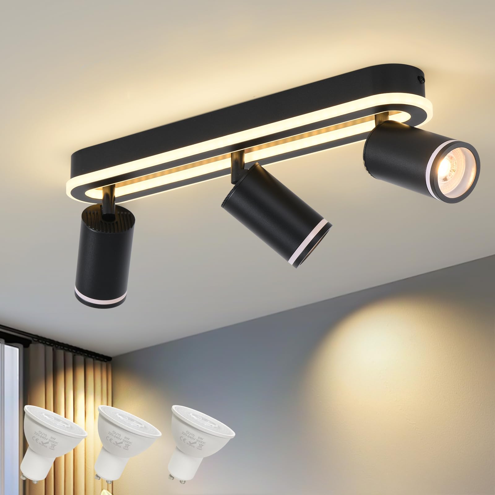 SANSHI Faretti da Soffitto Orientabili Interno LED 3 Luce,Faretti da Parete con Inferiore 27W+3x5W,GU10 Lampadario Faretti,Moderna Plafoniera Faretti Bianco Caldo 3000K per Cameretta Cucina Barra,Nero