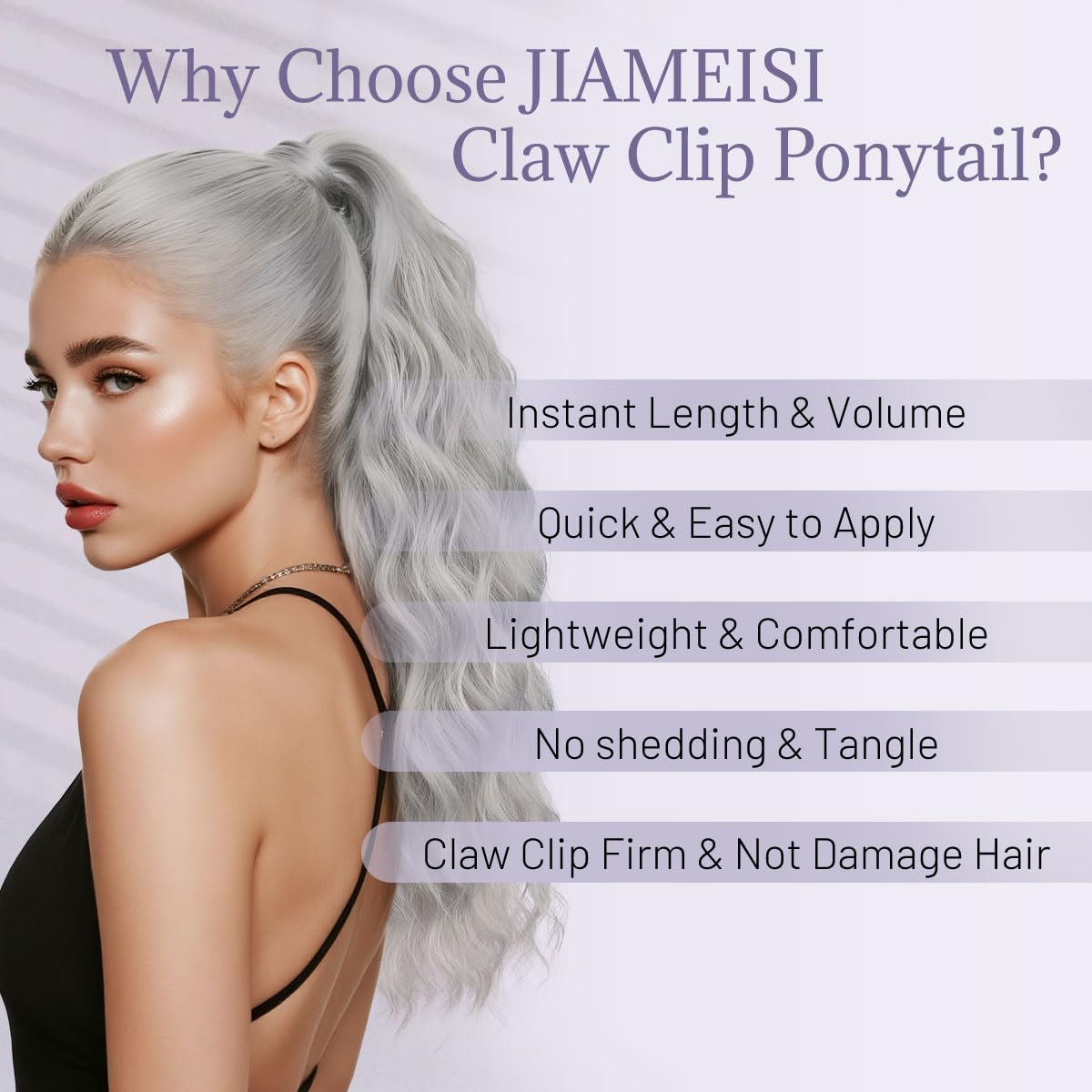 JIAMEISI Ponytail Extension 18 Inch Claw Clip in Ponytail Hair Extensions Long Curly Wavy Synthetic Fiber Claw Ponytail Hairpiece for Women Girls Daily Use Party Add Volume and Length (Silver Grey) - Image 2