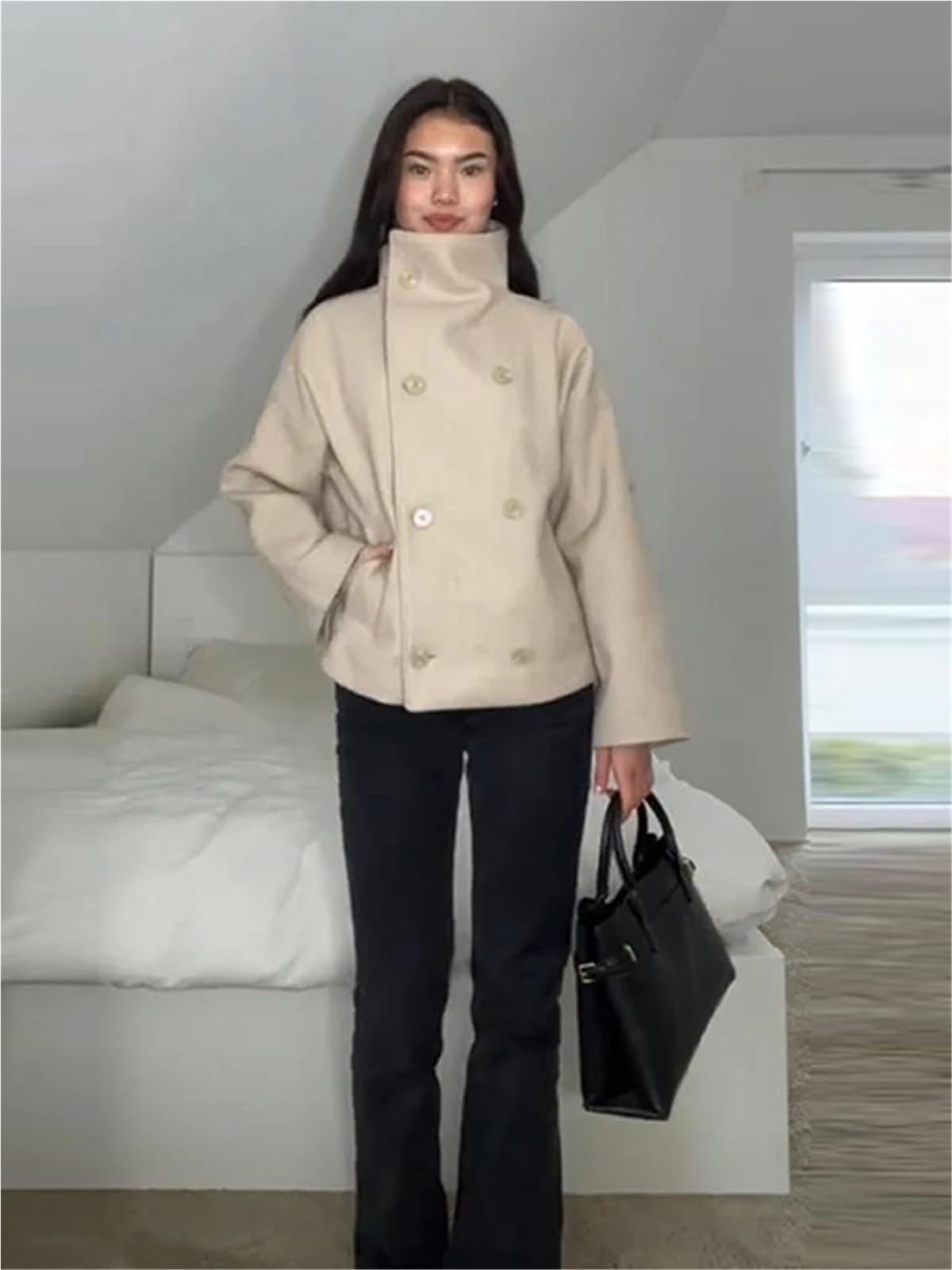 Wollmantel Damen Mantel aus massiver Wollmischung mit hohem Kragen, zweireihig, übergroß, lässig, for Damen, elegant, Damenjacke