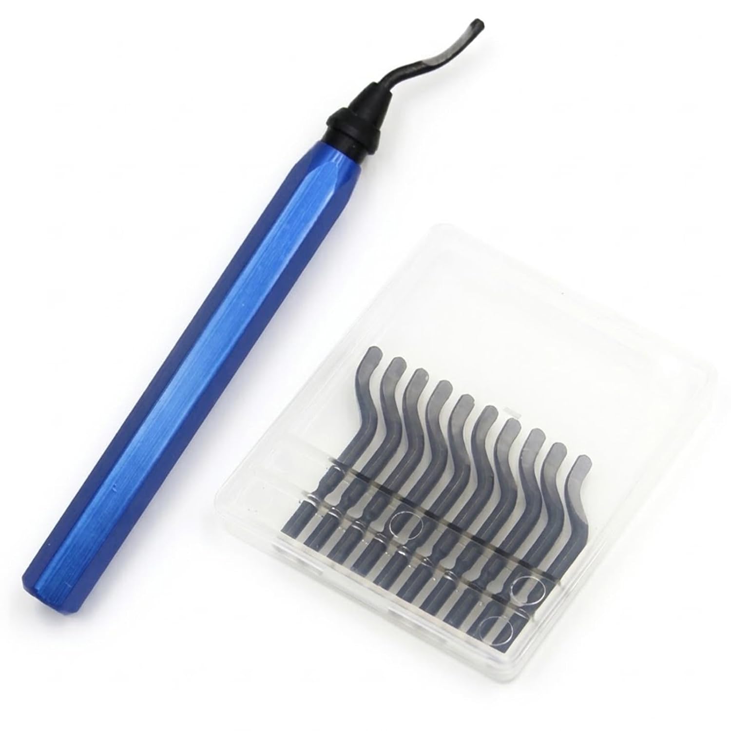 Deburring Tool with 11 High-Speed Steel Blades, Professional Blue Aluminum Handle Reamer Tool for Metal, 3D Printing, PVC, Copper Pipe, Plastic, Resin & Steel Edges, 10 Extra HSS Blades Included