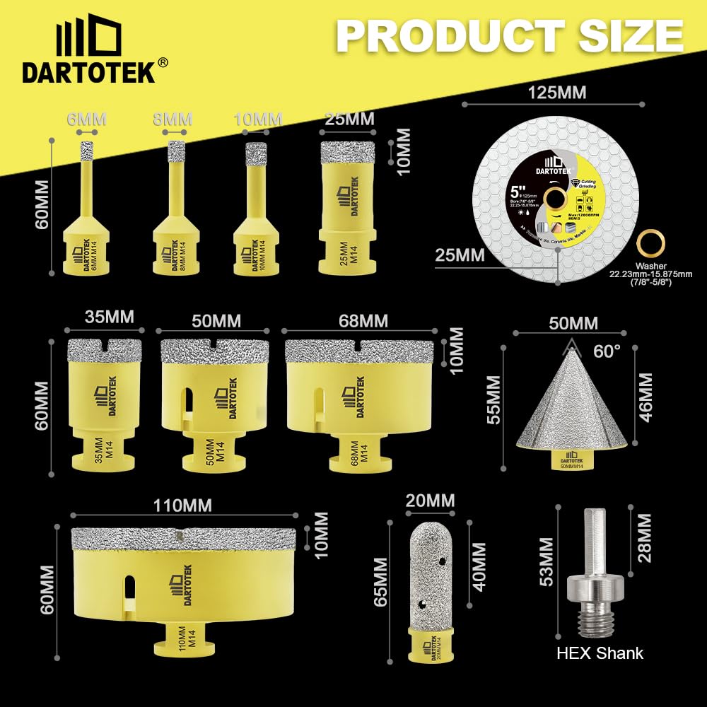 Wiertła diamentowe porcelanowe 12 sztuk - 6/8/10/25/35/50/68/110 mm x M14 wiertła, frez 20 mm, wiertła 50 mm, adapter, diamentowa tarcza 125 mm do płytek ceramicznych marmuru