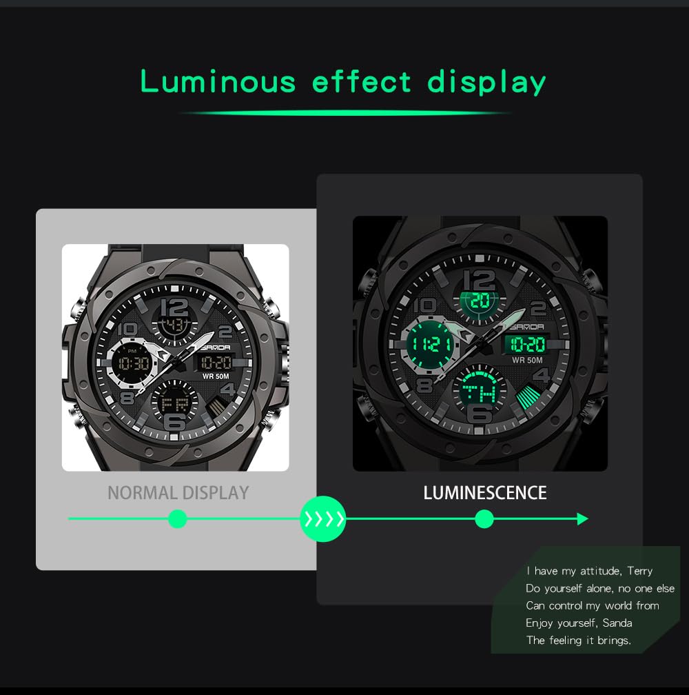Orologio sportivo analogico digitale da uomo, impermeabile fino a 50 m, militare, tattico, con cronometro, sveglia, retroilluminazione, doppio display, quadrante grande, cinturino in resina