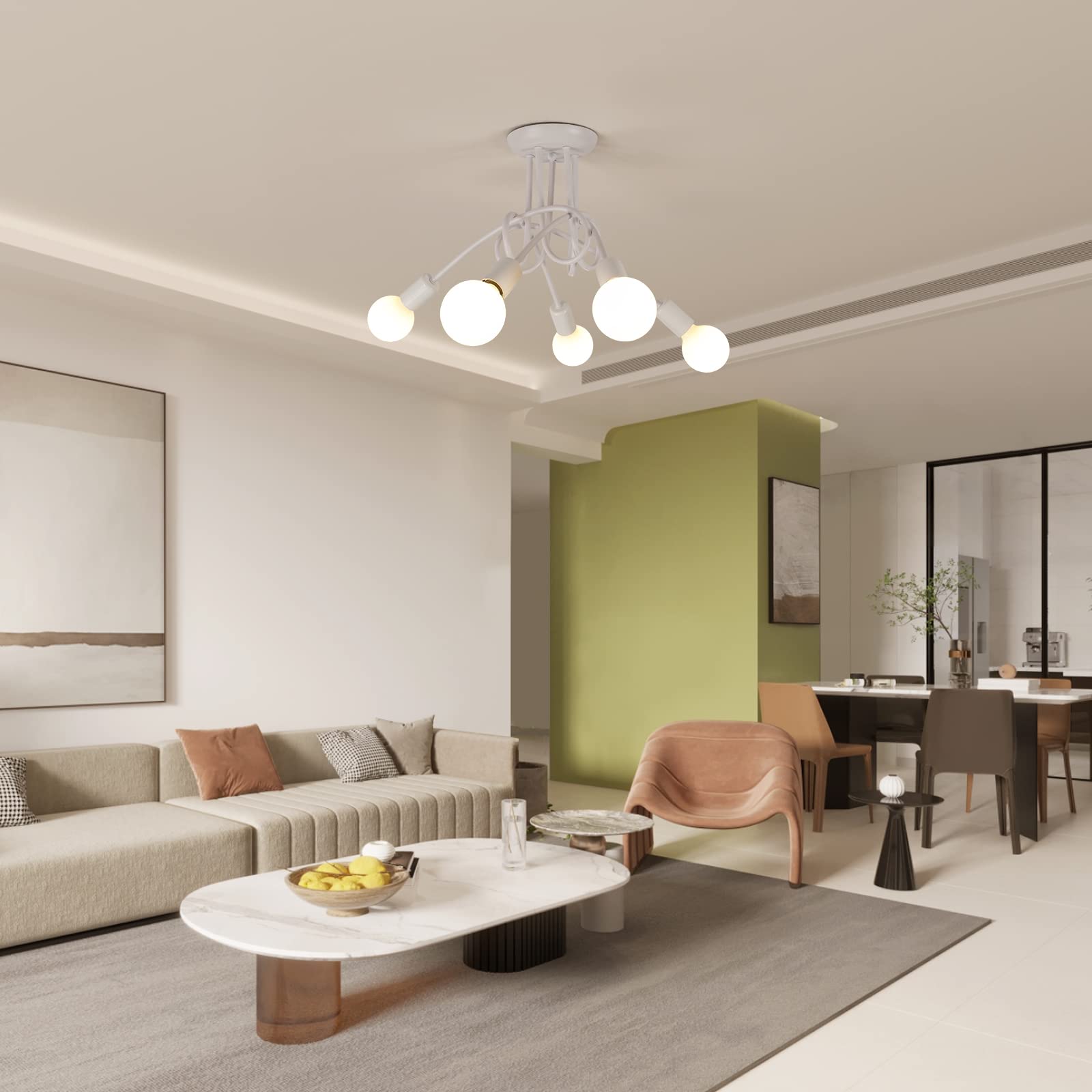 Riserva Lampadario Vintage, Plafoniera Soffitto Industriale E27, 5 Luci Lampada da Soffitto in Metallo per Soggiorno, Cucina, Camera da Letto, Ristorante, Cafe, Bianco (senza lampadine)