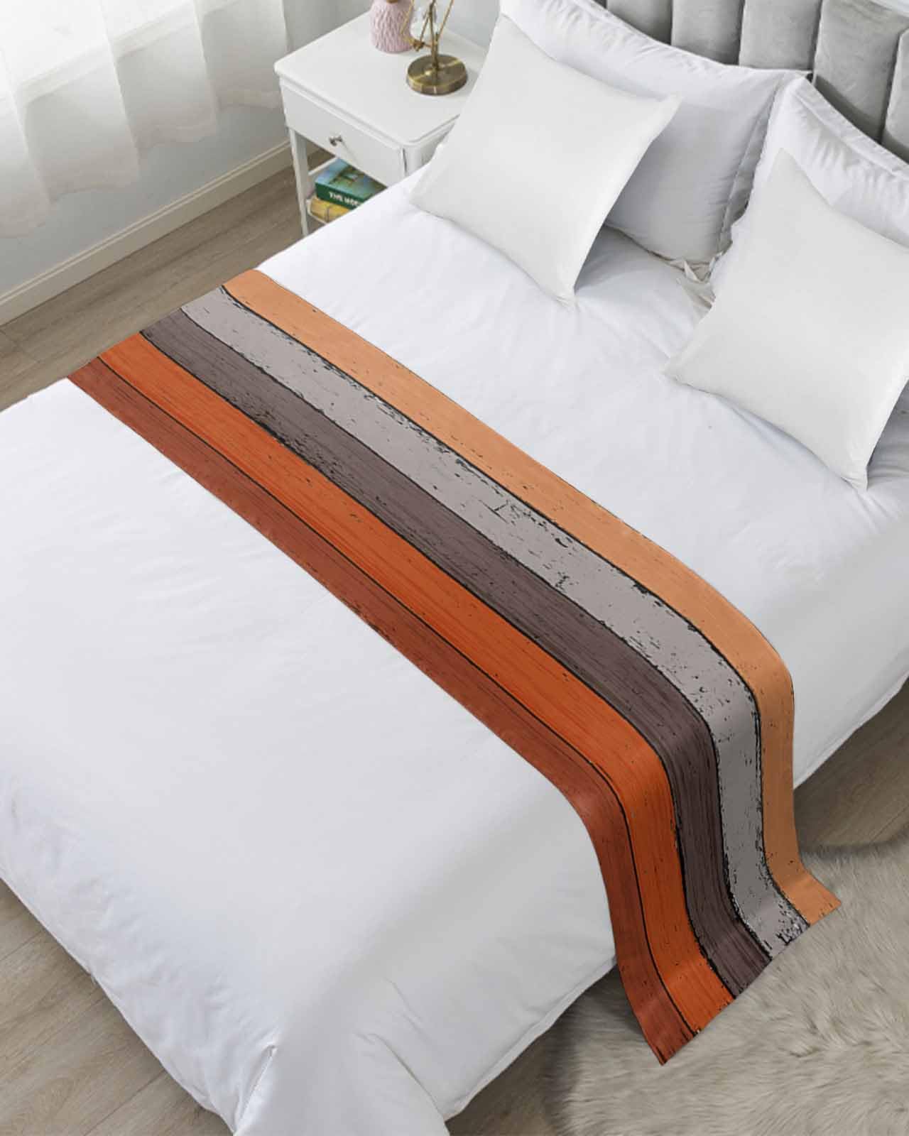 Orange Grey Bed Runner Scarf for Cal King Size Bed Foot,Decorative Bedding Accessory Stainproof & Dustproof Soft Protector For Bedroom Wedding Room Vintage Stripe Farmhouse Wood Grain Ombre 102