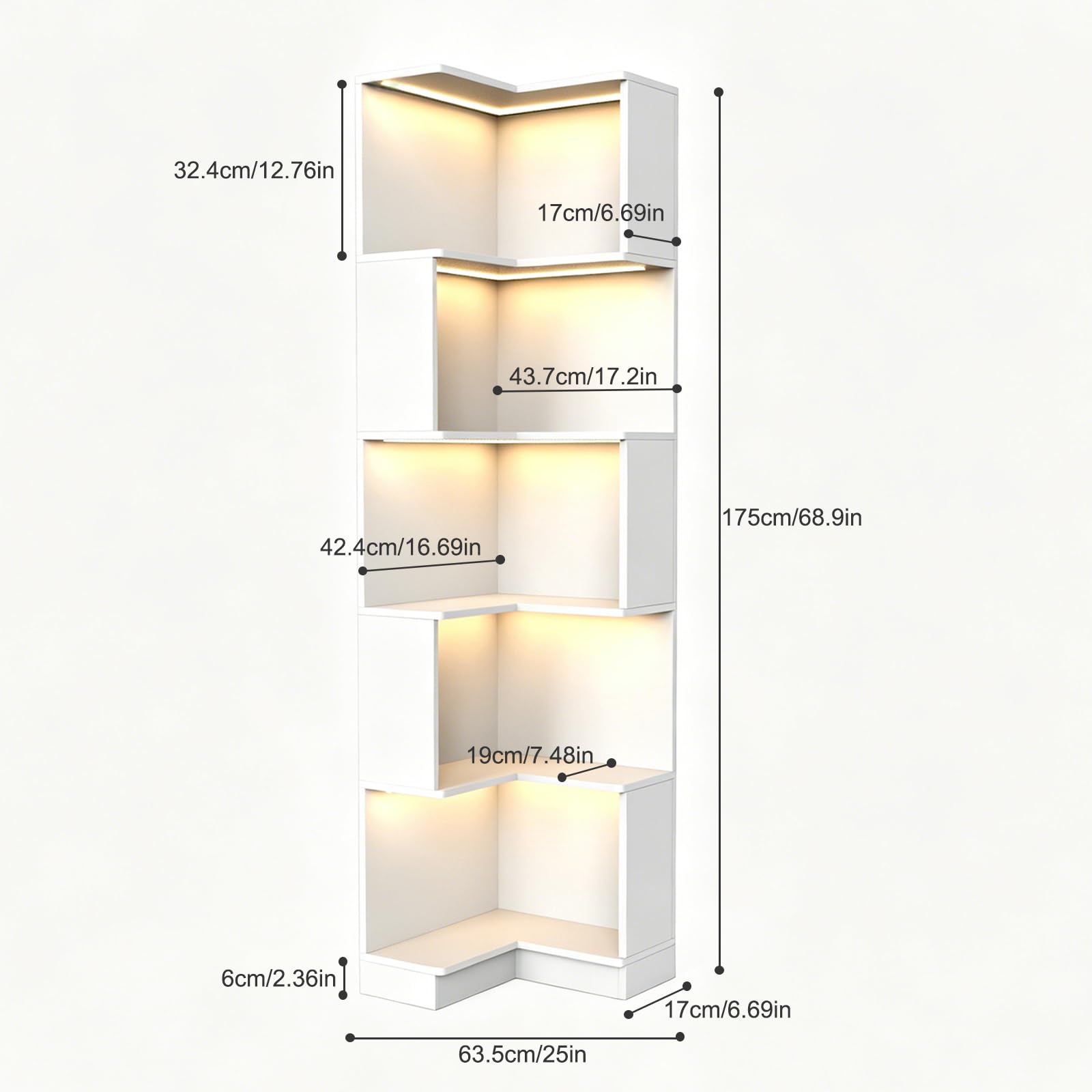 TWSOUL Estantería de Esquina con Luces LED RGB, Estante Esquinero Moderno de 5 Niveles (175cm Alto), Estantería Multifuncional de Madera en Forma de L para Decoración de Salón, Habitación, Blanco