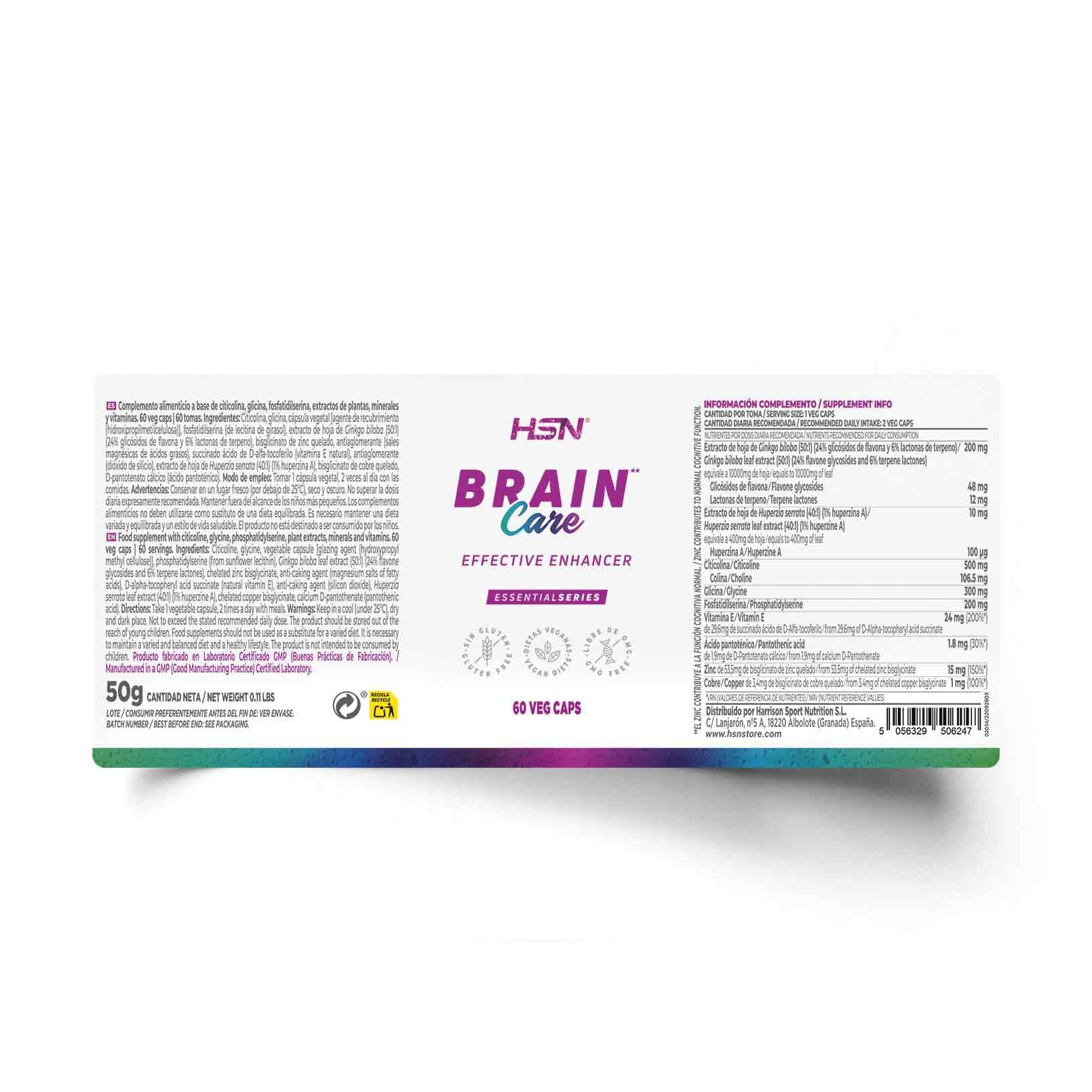 HSN Brain Care | 60 Cápsulas Vegetales | Nootrópico natural para mantener unas buenas funciones cognitivas y bienestar mental | No-GMO, Vegano, Sin Gluten