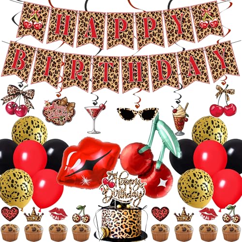 Image of Holkcog Cheetah and Cherry Birthday Decorations,Red Leopard Birthday Banner | Red Black Cheetah and Cherry Print Background, Cherry Cupcake Top, Red Leopard Pattern Party Supply for Girls Women