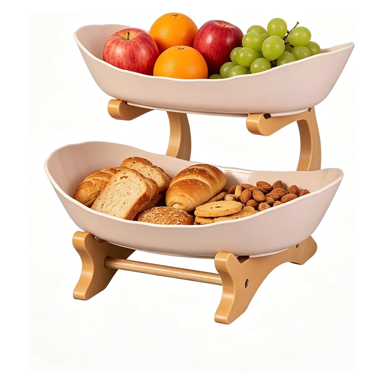 Cesta de frutas de bambú, cuenco ovalado desmontable de 2 niveles, organizador de ahorro de espacio para encimera de cocina, diseño apilable para frutas y verduras del hogar, almacenamiento de cocina