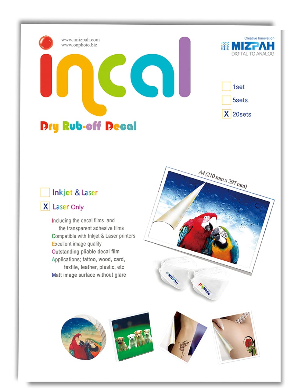 [Incal] Dry Rub-off Decal Film for Laser Printer : 20 Sets, A4(8.27''x11.7'') - Premium Printable Dry Rub on Transfer; DIY Hobby craft, Customized transfer