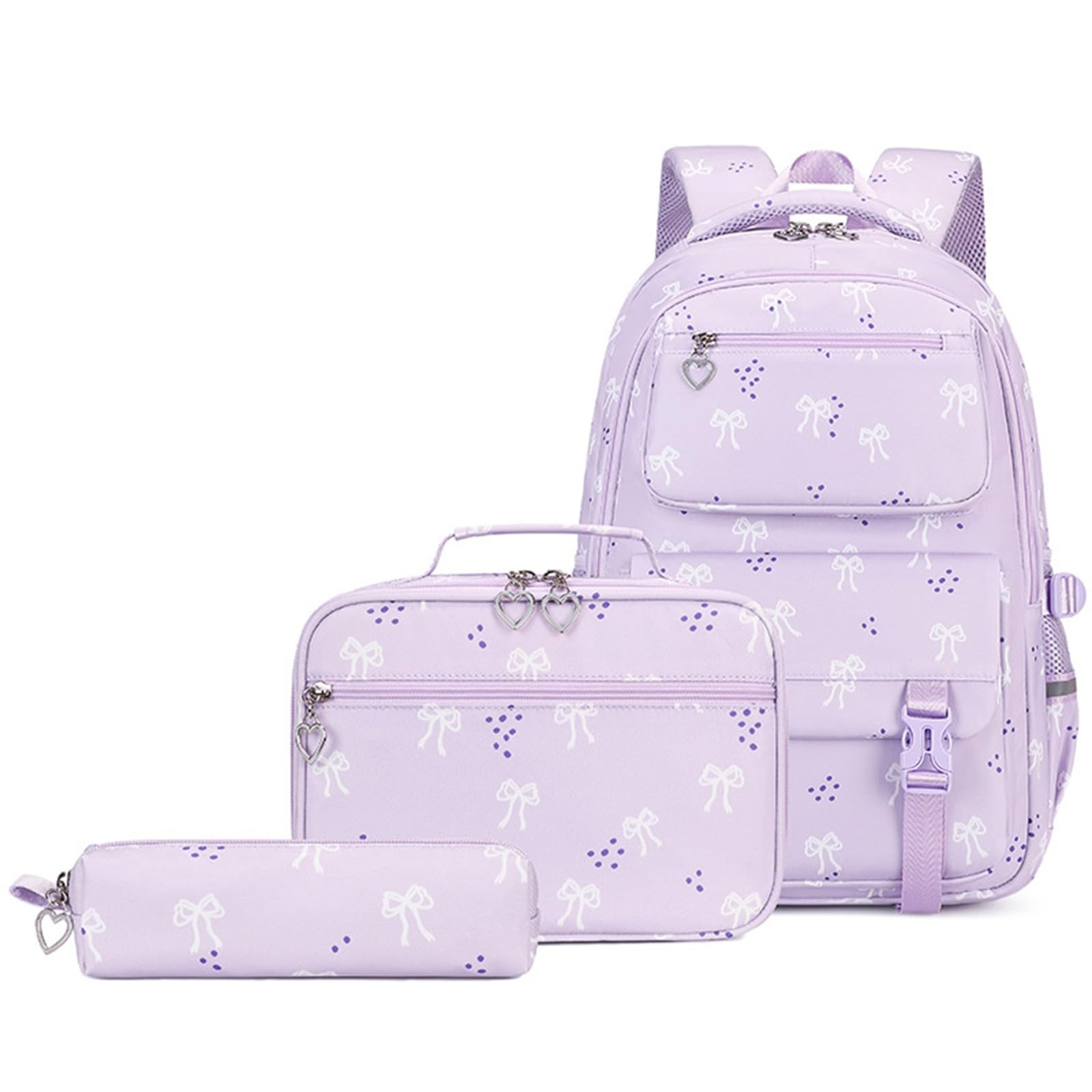Generico Set Zaino Ragazza 3 Pezzi, Zaino Fiocco Stampato Casual | Zainetto studentesca con fantasia fiocco elegante, leggero e pratico per scuola, università e uso quotidiano
