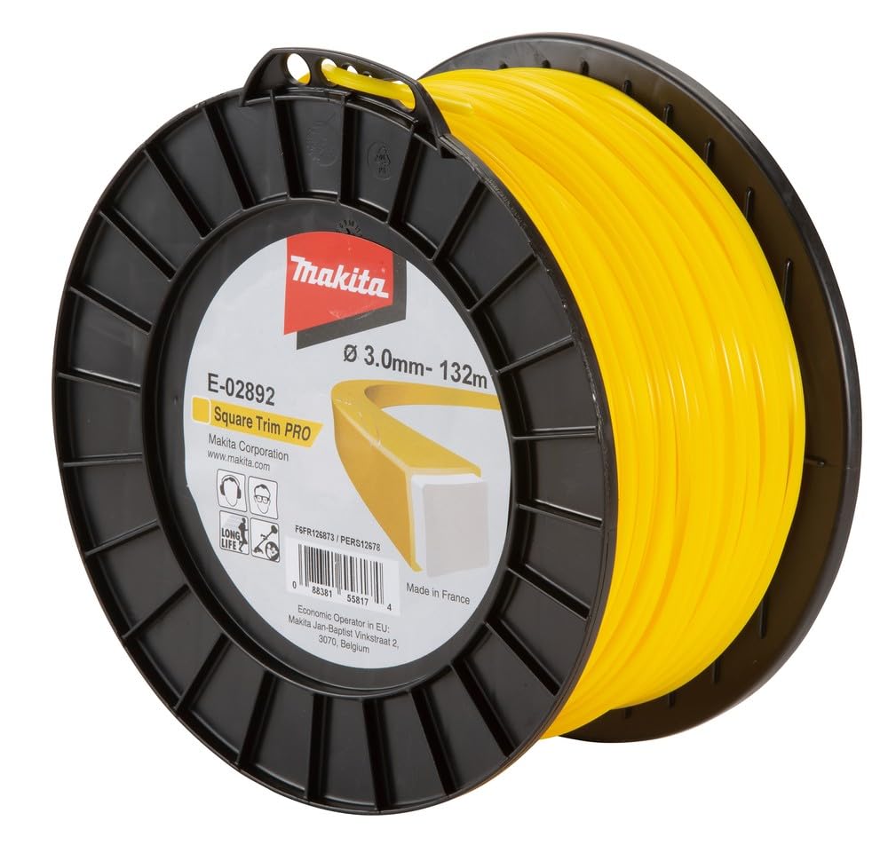 Makita E-02892 Square Trim PRO Longlife, filo per tagliaerba quadrato, 3,0 mm x 132 m, rinforzato, filo per decespugliatore, nylon, giallo, per decespugliatore e decespugliatore