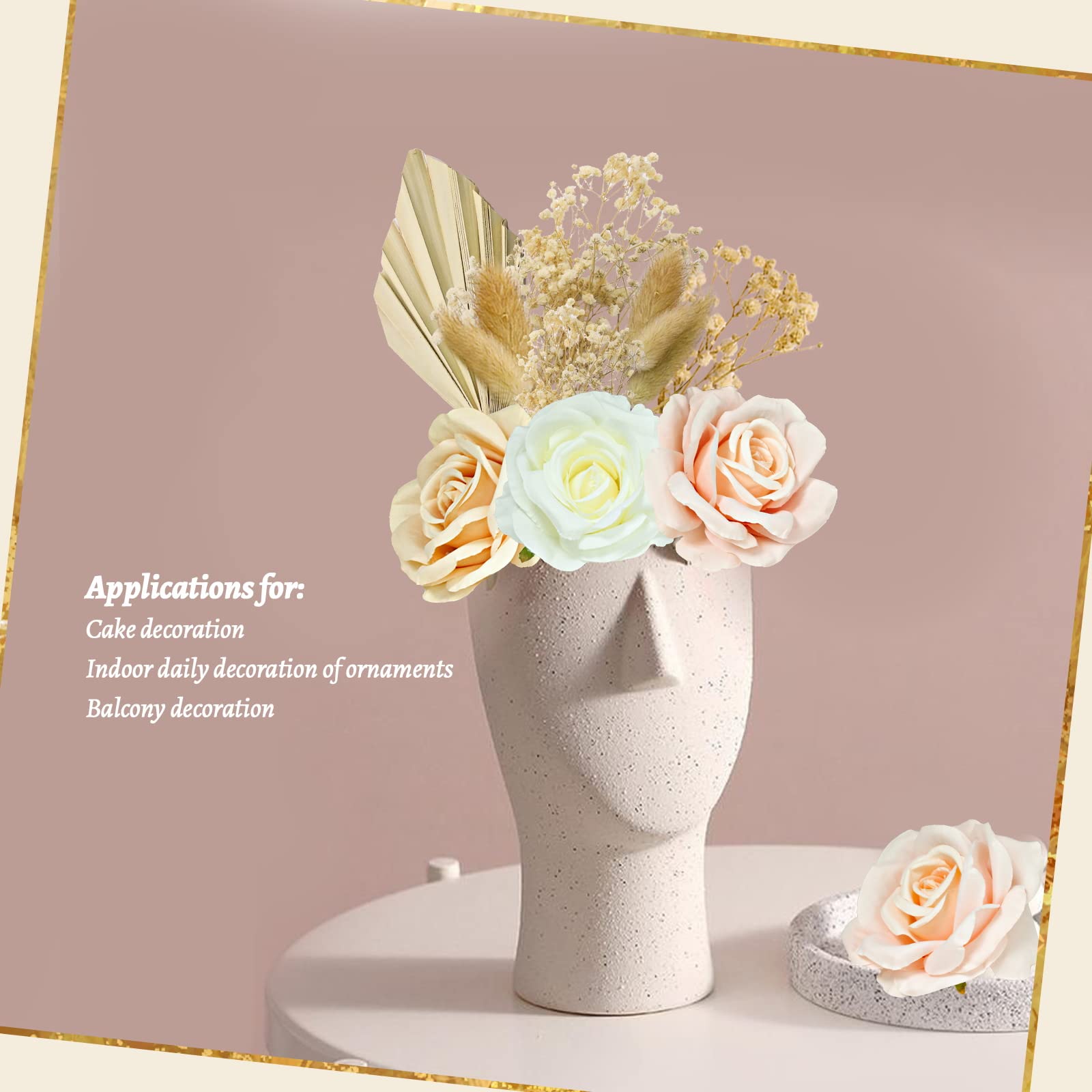 Lot De 21 Décos De Gâteau Acrylique - Fleurs Artificielles, Feuilles Et Visage Doré - Style Bohème