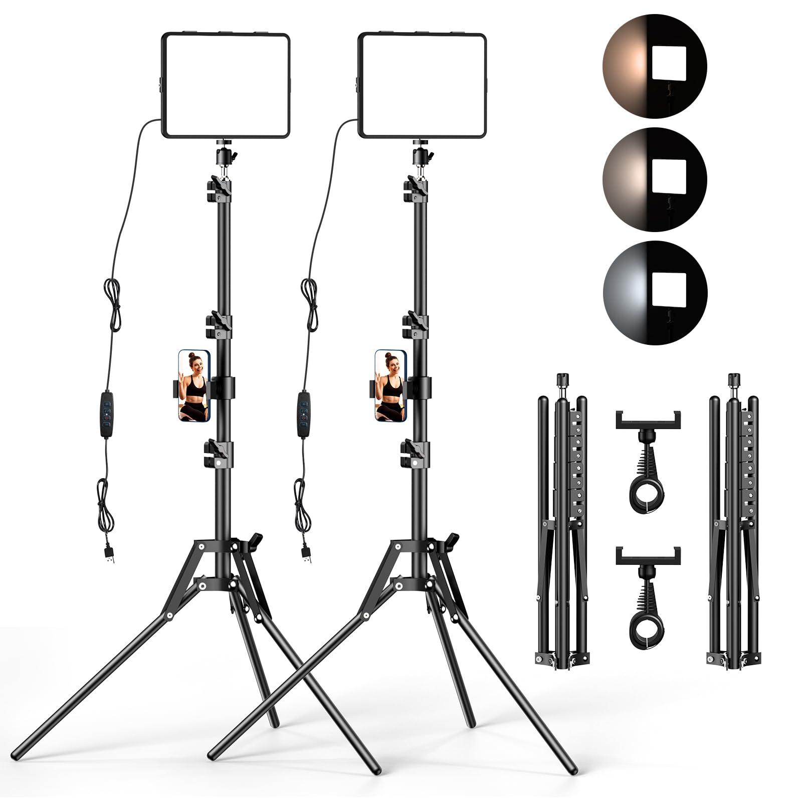 ALTSON Kit de 2 Luces de Video, luz LED de Estudio, 2700-6500 K, Kit de iluminación de fotografía Regulable con Soporte de trípode y Soporte para teléfono, luz de transmisión giratoria de 12 Pulgadas