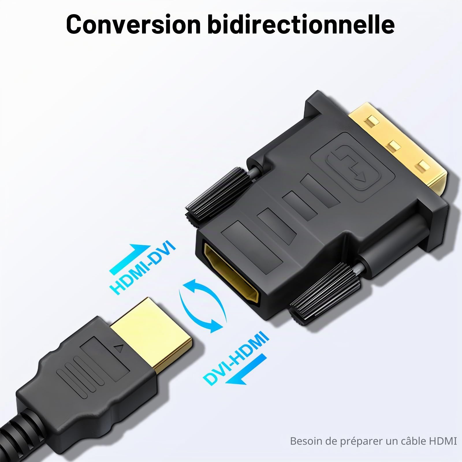Adaptateur DVI vers HDMI 2Pack Bidirectionnel Convertisseur HDMI Femelle vers DVI-D Mâle Plaqué Or 1920x1200 1080P