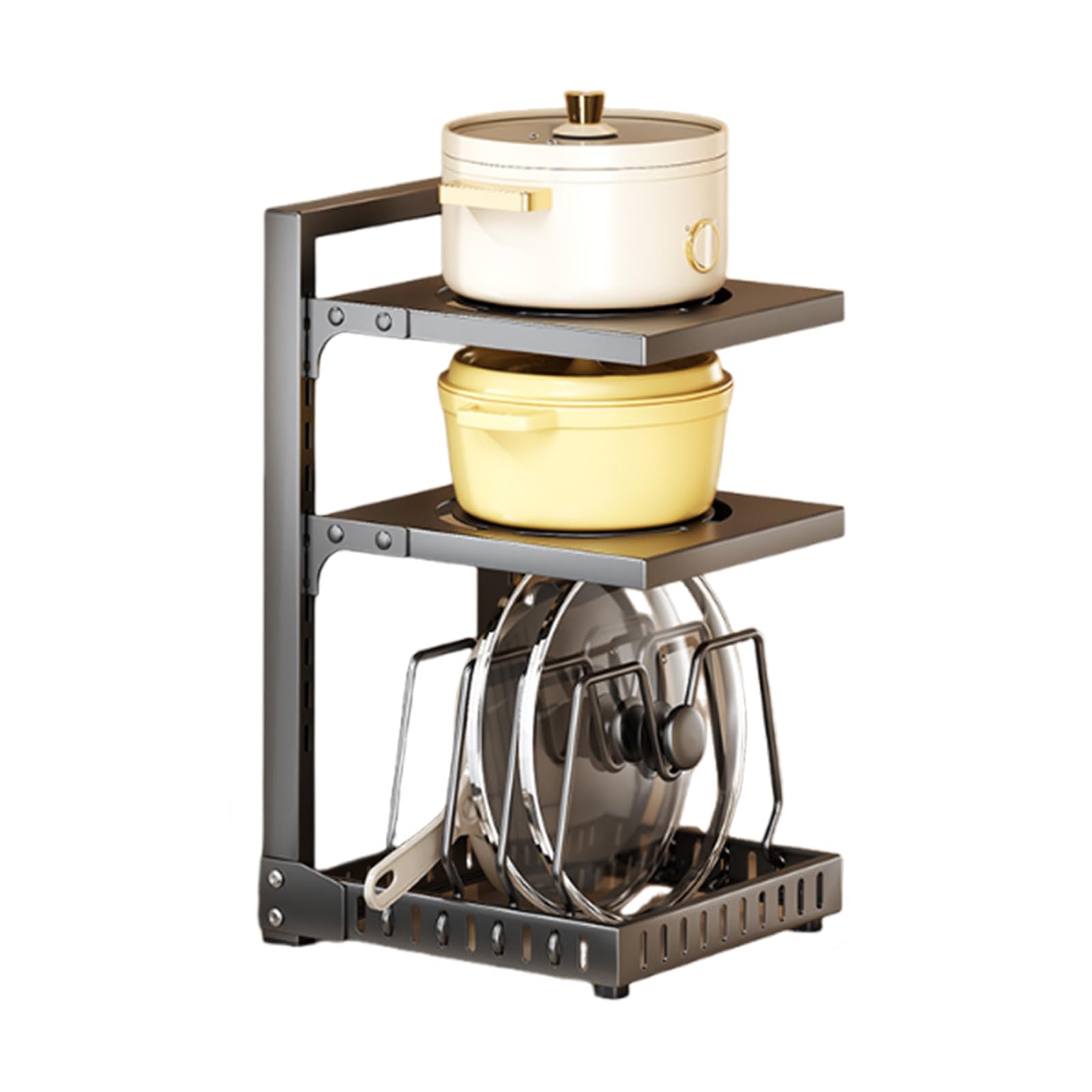 Estante ajustable para debajo del gabinete, organizador de cocina para ollas y sartenes, solución de almacenamiento que ahorra espacio para ollas grandes, diseño gris de 5º piso