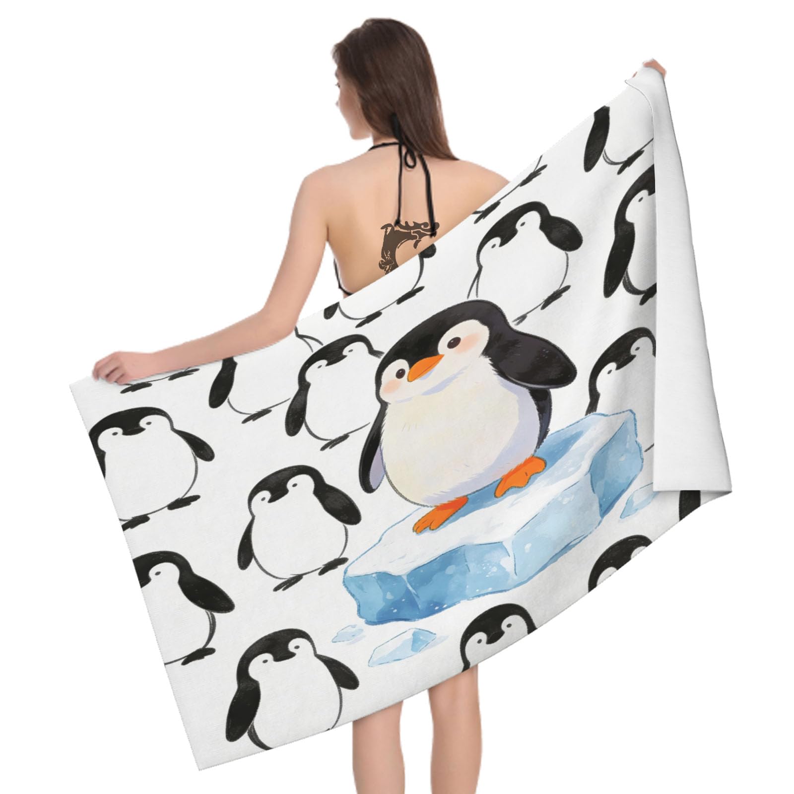 Leichong 3D Cartoon Penguin Beach Towel Microfiber Soft Quick Dry for Adults, Cartoon Animal Print Bath Towel Lightweight Soft Absorbent for Travel Swimming Pool Sports, 75 x 150 cm