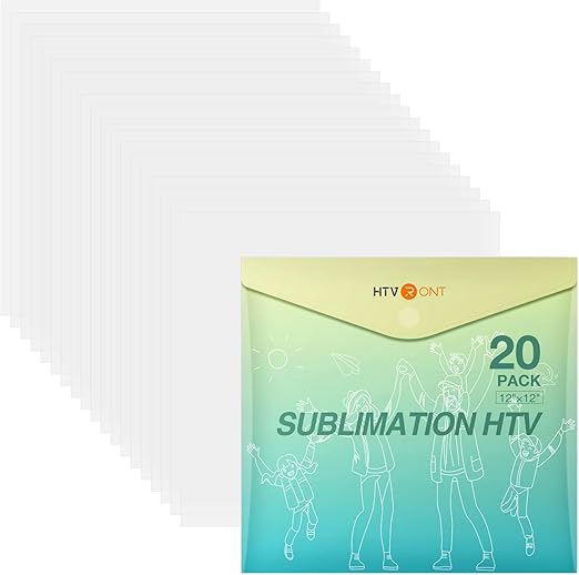 HTVRONT Clear HTV Vinyl for Sublimation, 20 Pack 12" X 12" Matte Sublimation Vinyl for Cotton Fabric, Wash Durable Clear Dye Sub HTV for Light-Colored T Shirts